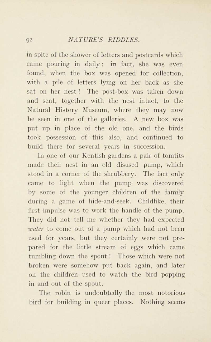 in spite of the shower of letters and postcards which came pouring in daily; in fact, she was even found, when the box was opened for collection, with a pile of letters lying on her back as she sat on her nest ! The post-box was taken down and sent, together with the nest intact, to the Natural History Museum, where they may now be seen in one of the galleries. A new box was put up in place of the old one, and the birds took possession of this also, aiivd continued to build there for several years in succession. In one of our Kentish gardens a pair of tomtits made their nest in an old disused pump, which stood in a corner of the shrubber}^ The fact only came to light when the pump was discovered bv some of the younger cliildren of the family during a game of liide-and-seek. Childlike, their first impulse was to work the handle of the pump. They did not tell me whether they had expected water to come out of a pump which had not been used for years, but they certainly were not pre- pared for the little stream of eggs which came tumbling down the spout ! Those which were not broken were somehow put back again, and later on the children used to watch the bird popping in and out of the spout. The robin is undoubtedly the most notorious bird for building in queer places. Nothing seems