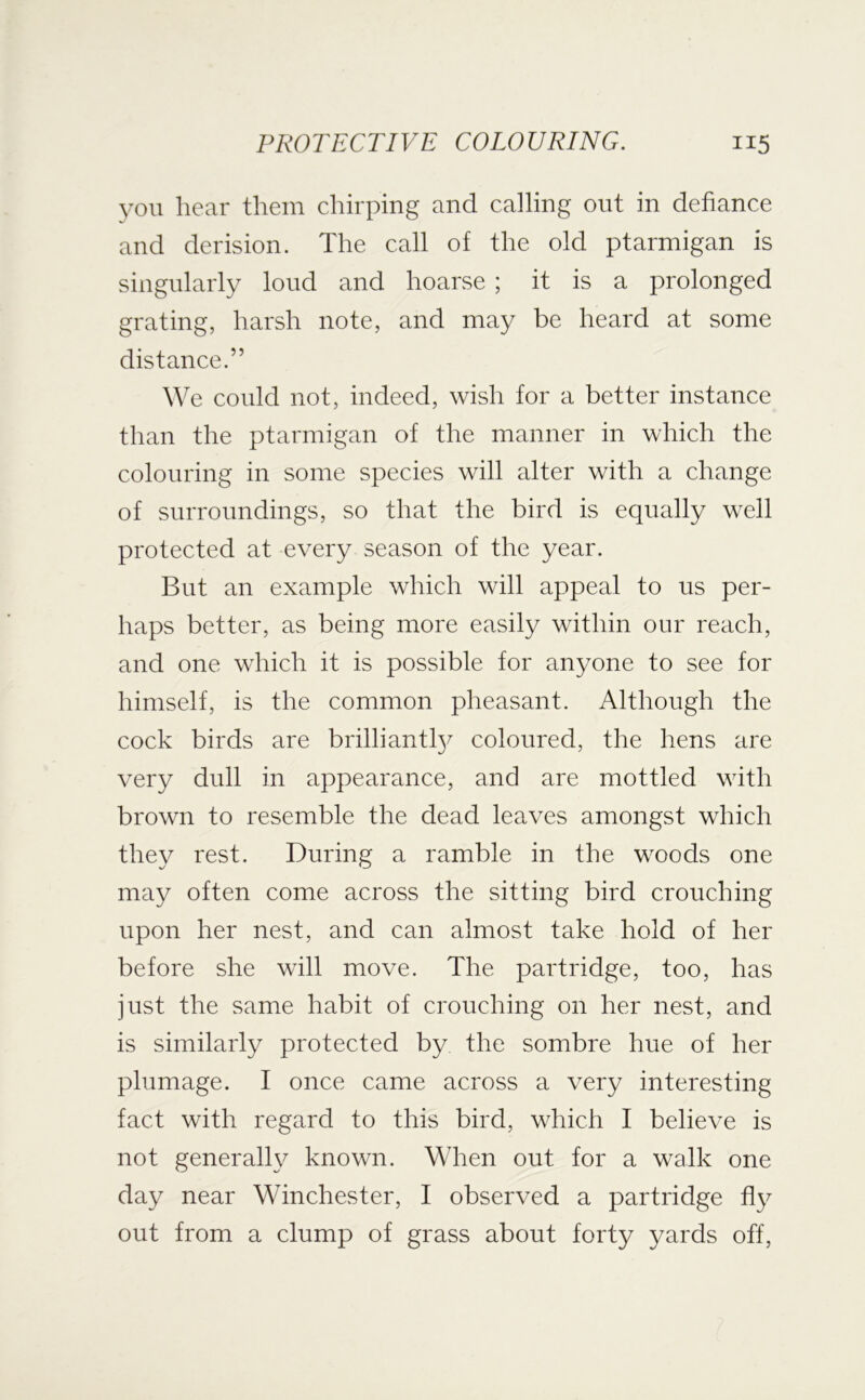 you hear them chirping and calling out in defiance and derision. The call of the old ptarmigan is singularly loud and hoarse ; it is a prolonged grating, harsh note, and may be heard at some distance.” We could not, indeed, wish for a better instance than the ptarmigan of the manner in which the colouring in some species will alter with a change of surroundings, so that the bird is equally well protected at every season of the year. But an example which will appeal to us per- haps better, as being more easily within our reach, and one which it is possible for anyone to see for himself, is the common pheasant. Although the cock birds are brilliant^ coloured, the hens are very dull in appearance, and are mottled with brown to resemble the dead leaves amongst which they rest. During a ramble in the woods one may often come across the sitting bird crouching upon her nest, and can almost take hold of her before she will move. The partridge, too, has just the same habit of crouching on her nest, and is similarly protected by the sombre hue of her plumage. I once came across a very interesting fact with regard to this bird, which I believe is not generally known. When out for a walk one day near Winchester, I observed a partridge fly out from a clump of grass about forty yards off.
