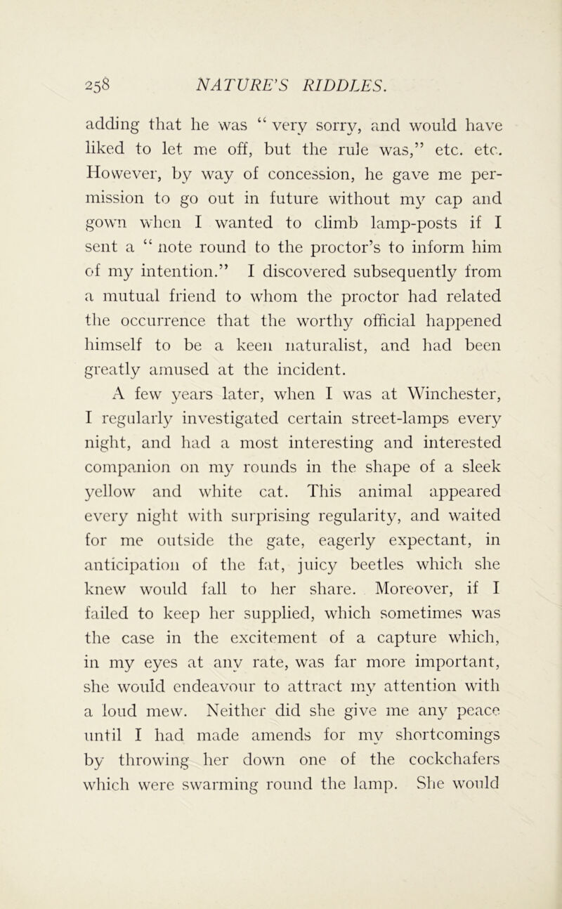 adding that he was “ very Sony, and would have liked to let rrje off, but the rule was,” etc. etc. However, by way of concession, he gave me per- mission to go out in future without my cap and gown when I wanted to climb lamp-posts if I sent a “ note round to the proctor’s to inform him of my intention.” I discovered subsequently from a mutual friend to whom the proctor had related the occurrence that the worthy official happened himself to be a keen naturalist, and had been greatly amused at the incident. A few years later, when I was at Winchester, I regularly investigated certain street-lamps every night, and had a most interesting and interested companion on my rounds in the shape of a sleek yellow and white cat. This animal appeared every night with surprising regularity, and waited for me outside the gate, eagerly expectant, in anticipation of the fat, juicy beetles which she knew would fall to her share. Moreover, if I failed to keep her supplied, which sometimes was the case in the excitement of a capture which, in my eyes at any rate, was far more important, she would endeavour to attract my attention with a loud mew. Neither did she give me any peace until I had made amends for my shortcomings by throwing her down one of the cockchafers wliich were swarming round the lamp. She would