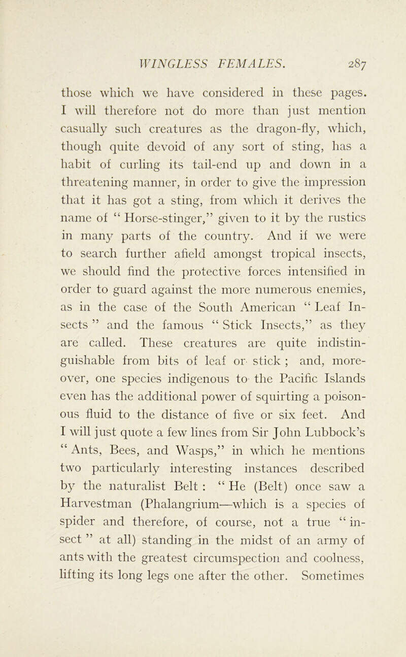 those which we have considered in these pages. I will therefore not do more than just mention casually such creatures as the dragon-fly, which, though quite devoid of any sort of sting, has a habit of curling its tail-end up and down in a threatening manner, in order to give the impression that it has got a sting, from which it derives the name of “ Horse-stinger,” given to it by the rustics in many parts of the country. And if we were to search further afield amongst tropical insects, we should find the protective forces intensified in order to guard against the more numerous enemies, as in the case of the South American “ Leaf In- sects ” and the famous “ Stick Insects,” as they are called. These creatures are quite indistin- guishable from bits of leaf or stick ; and, more- over, one species indigenous to the Pacific Islands even has the additional power of squirting a poison- ous fluid to the distance of five or six feet. And I will just quote a few lines from Sir John Lubbock’s “ Ants, Bees, and Wasps,” in which he mentions two particularly interesting instances described by the naturalist Belt : “ He (Belt) once saw a Harvestman (Phalangrium—which is a species of spider and therefore, of course, not a true “ in- sect ” at all) standing in the midst of an army of ants with the greatest circumspection and coolness, lifting its long legs one after the other. Sometimes