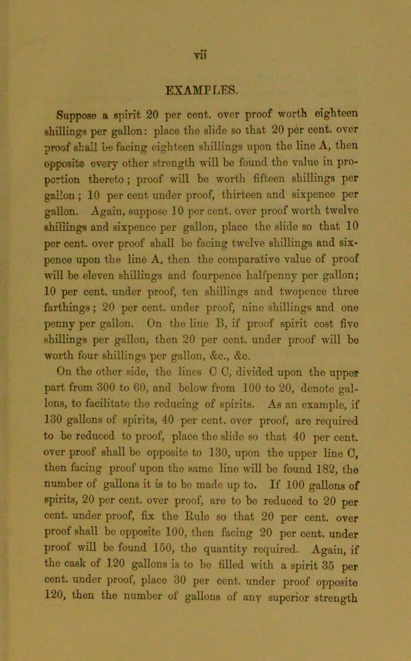 EXAMPLES. Suppose a spirit 20 per cent, over proof worth eighteen shillings per gallon: place the slide so that 20 per cent, over pmof shall be facing eighteen shillings upon the line A, then opposite every other strength will be found the value in pro- portion thereto; proof will be worth fifteen shillings per gallon ; 10 per cent under proof, thirteen and sixpence per gallon. Again, suppose 10 per cent, over proof worth twelve shillings and sixpence per gallon, place the slide so that 10 per cent, over proof shall be facing twelve shillings and six- pence upon the line A, then the comparative value of proof will be eleven shillings and fourpence halfpenny per gallon; 10 per cent, under proof, ten shillings and twopence three farthings; 20 per cent, under proof, nine shillings and one penny per gallon. On the line B, if proof spirit cost five shillings per gallon, then 20 per cent, under proof will be worth four shillings per gallon, &c., &c. On the other side, the lines 0 C, divided upon the upper part from 300 to 60, and below from 100 to 20, denote gal- lons, to facilitate the reducing of spirits. As an example, if 130 gallons of spirits, 40 per cent, over proof, are required to be reduced to proof, place the slide so that 40 per cent, over proof shall be opposite to 130, upon the upper line C, then facing proof upon the same line will be found 182, the number of gallons it is to bo made up to. If 100 gallons of spirits, 20 per cent, over proof, are to be reduced to 20 per cent, under proof, fix the Rule so that 20 per cent, over proof shall be opposite 100, then facing 20 per cent, under proof win be found 150, the quantity required. Again, if the cask of 120 gallons is to be filled with a spirit 35 per cent, under proof, place 30 per cent, under proof opposite 120, then the number of gallons of any superior strength