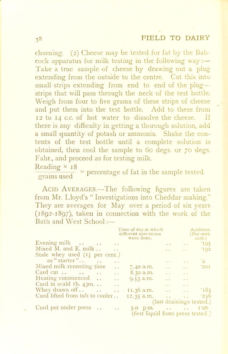 churning. (2) Cheese may be tested for fat by the Bab- cock apparatus for milk testing in the following way:— Take a true sample of cheese by drawing out a plug extending from the outside to the centre. Cut this into small strips extending from end to end of the plug— strips that will pass through the neck of the test bottle. Weigh from four to five grams of these strips of cheese and put them into the test bottle. Add to these from 12 to 14 c.c. of hot water to dissolve the cheese. If there is any difficulty in getting a thorough solution, add a small quantity of potash or ammonia. Shake the con- tents of the test bottle until a complete solution is obtained, then cool the sample to 60 degs. or 70 degs. Fahr., and proceed as for testing milk. Reading x 18 : T' ^ percentage of fat in the sample tested. grains used Acid Averages.—The following figures are taken from Mr. Lloyd’s “ Investigations into Cheddar making.” They are averages for May over a period of six years (1892-1897), taken in connection with the work of the Bath and West School:— Time of day at which Acidities. different operations (Per cent. were done. acid.) Evening milk . . . •195 Mixed M. and E. milk .. •192 Stale whey used (i-j per cent.) as starter ”.. ■4 Mixed milk renneting time 7.40 am. '201 Curd cut .. 8.30 a.m. Heating commenced 9.53 a.m. Curd in scald ih. 43m. .. Whey drawn off.. 11.36 a.m. -185 Curd lifted from tub to cooler. 12.35 a.m. •256 (last drainings tested.) 5.0 p.m. .. .. I '06 (first liquid from press tested.) Curd put under press ..