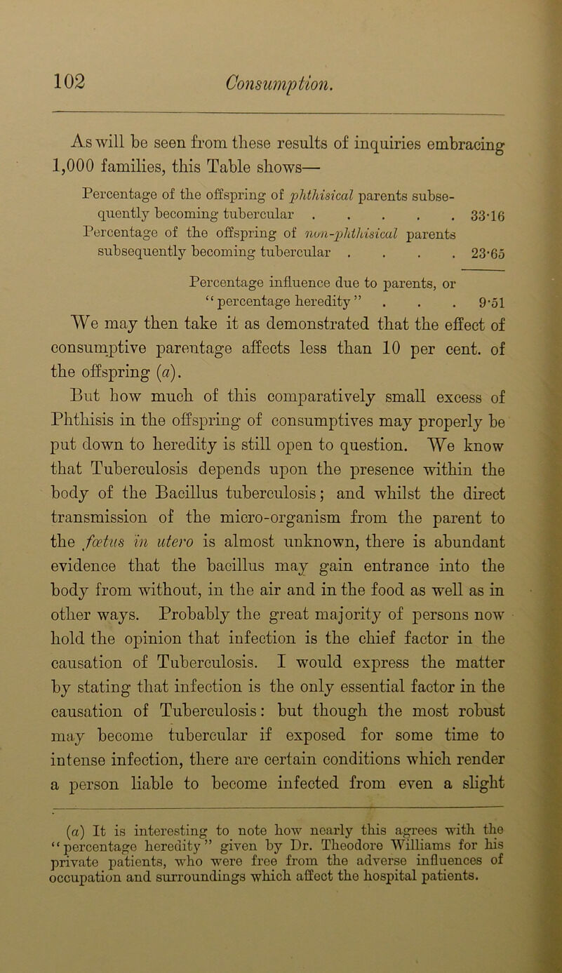 As will be seen from these results of inquiries embracing 1,000 families, this Table shows— Percentage of the offspring of ‘phthisical parents subse- quently becoming tubercular 33-16 Percentage of the offspring of non-jjhtldsical parents subsequently becoming tubercular .... 23-65 Percentage influence due to parents, or “ percentage heredity ” . . . 9-51 We may then take it as demonstrated that the effect of consumptive parentage affects less than 10 per cent, of the offspring {a). But how much of this comparatively small excess of Phthisis in the offspring of consumptives may properly be put down to heredity is still open to question. We know that Tuberculosis depends upon the presence within the body of the Bacillus tuberculosis; and whilst the direct transmission of the micro-organism from the parent to the foetus in utero is almost unknown, there is abundant evidence that the bacillus may gain entrance into the body from without, in the air and in the food as well as in other ways. Probably the great majority of persons now hold the opinion that infection is the chief factor in the causation of Tuberculosis. I would express the matter by stating that infection is the only essential factor in the causation of Tuberculosis: but though the most robust may become tubercular if exposed for some time to intense infection, there are certain conditions which render a person liable to become infected from even a slight (a) It is interesting to note bow nearly tbis agrees witb tbe “percentage heredity” given by Dr. Theodore Williams for bis private patients, who were free from tbe adverse influences of occupation and surroundings which affect tbe hospital patients.