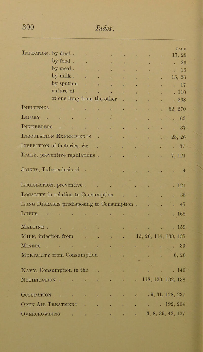 Infection, by dust .... PAGE 17, 28 by food .... . 26 by meat.... . 16 by milk .... 15, 26 by sputum . 17 nature of . . . . no of one lung from the other . 238 Influenza . 62, 270 Injury . 63 Innkeepers . 37 Inoculation Experiments 23, 26 Inspection of factories, &c. . . 37 Italy, preventive regulations . . 7, 12] Joints, Tuberculosis of . . 4 Legislation, preventive . . 121 Locality in relation to Consumption . 38 Lung Diseases predisposing to Consumption . 47 Lupus . 168 Maltine . . . . . . 159 Milk, infection from 15, 26, 114, 133, 137 Miners . 33 Mortality from Consumption 6, 20 Navy, Consumption in the . 140 Notification . 118, 123, 132, 138 Occupation . 9, 31, 128, 237 Open Air Treatment . . 192, 204 Overcrowding .... 3, 8, 39, 42, 127