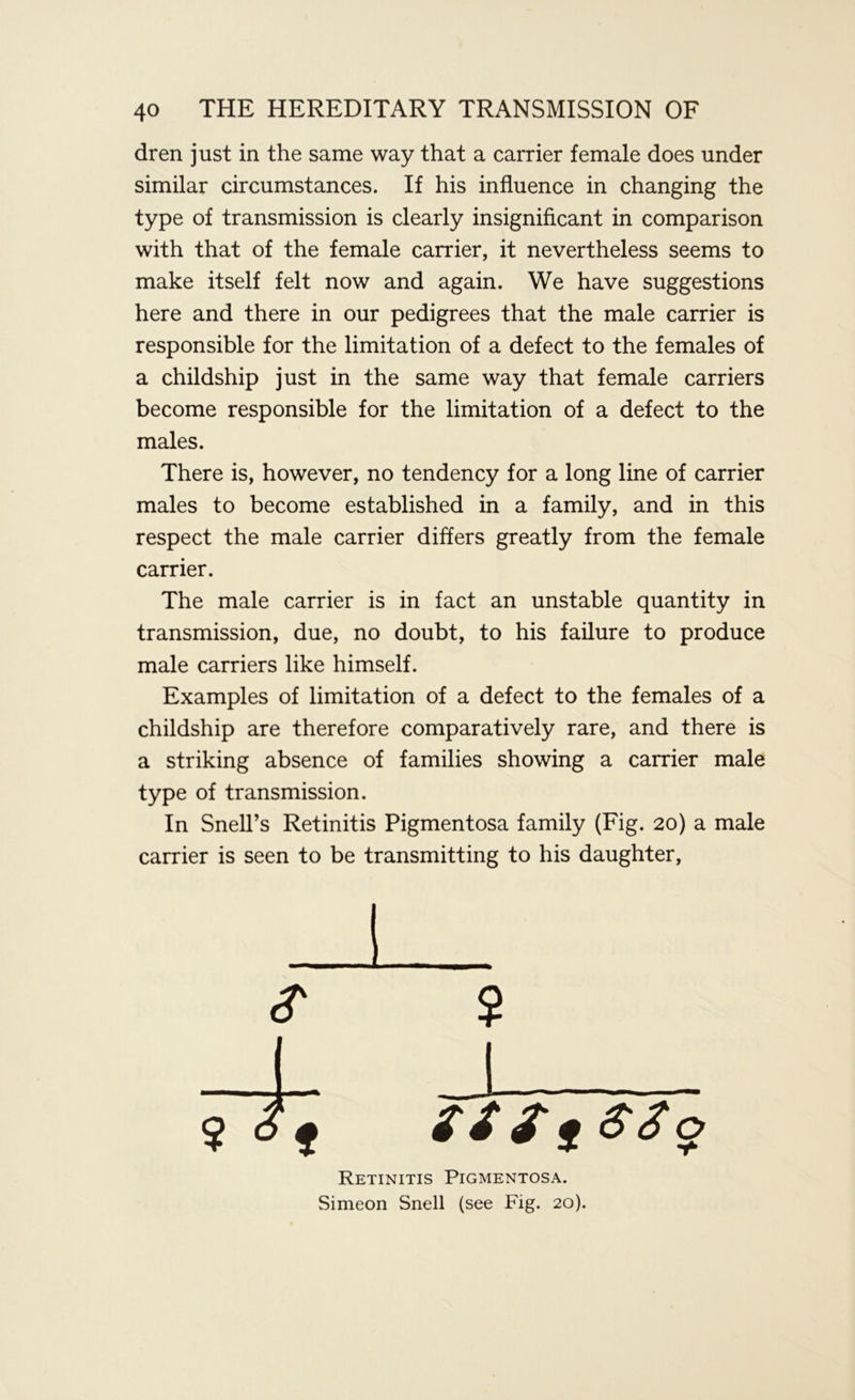 dren just in the same way that a carrier female does under similar circumstances. If his influence in changing the type of transmission is clearly insignificant in comparison with that of the female carrier, it nevertheless seems to make itself felt now and again. We have suggestions here and there in our pedigrees that the male carrier is responsible for the limitation of a defect to the females of a childship just in the same way that female carriers become responsible for the limitation of a defect to the males. There is, however, no tendency for a long line of carrier males to become established in a family, and in this respect the male carrier differs greatly from the female carrier. The male carrier is in fact an unstable quantity in transmission, due, no doubt, to his failure to produce male carriers like himself. Examples of limitation of a defect to the females of a childship are therefore comparatively rare, and there is a striking absence of families showing a carrier male type of transmission. In Snell’s Retinitis Pigmentosa family (Fig. 20) a male carrier is seen to be transmitting to his daughter, ? it t i sto Retinitis Pigmentosa. Simeon Snell (see Fig. 20).