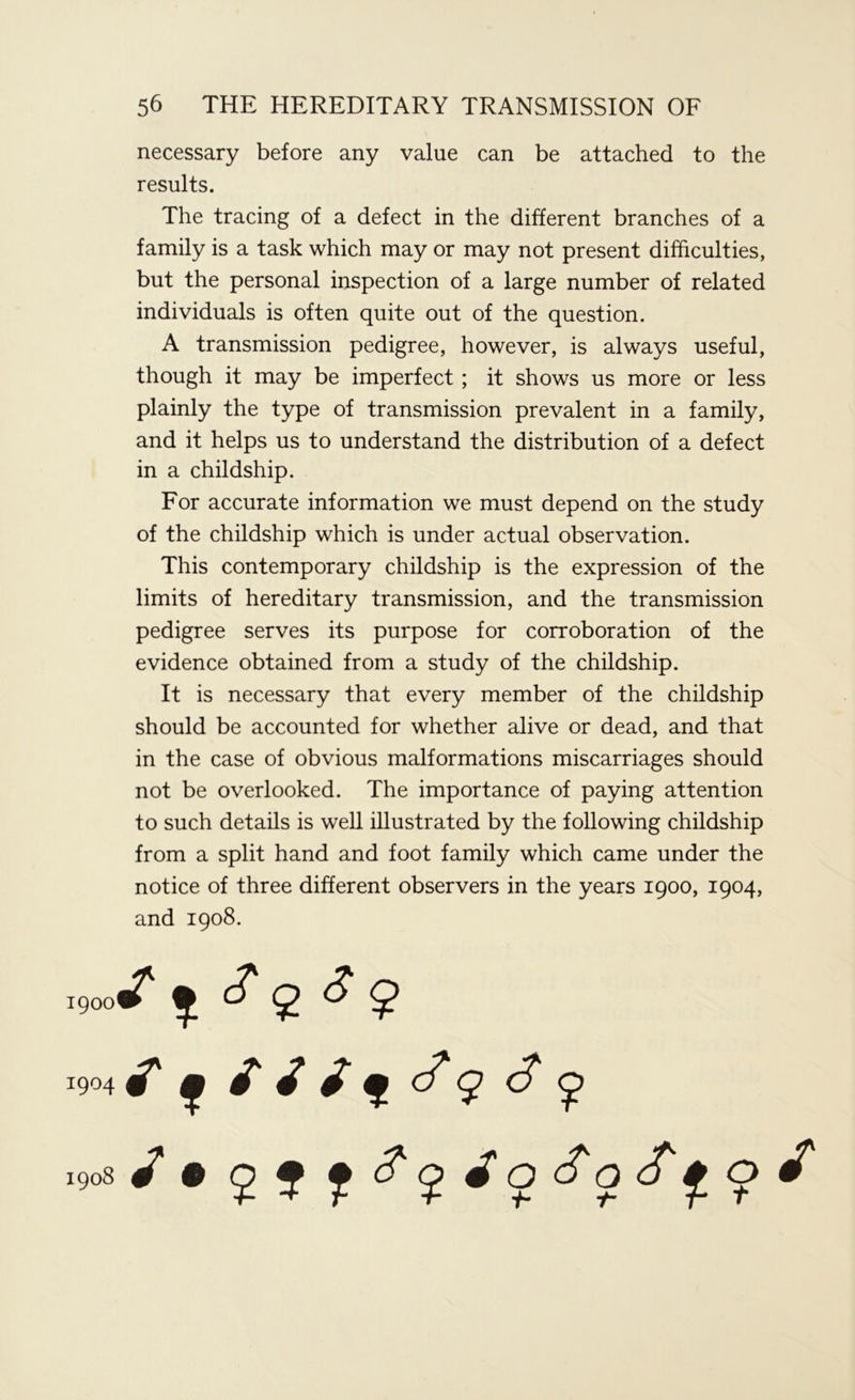 necessary before any value can be attached to the results. The tracing of a defect in the different branches of a family is a task which may or may not present difficulties, but the personal inspection of a large number of related individuals is often quite out of the question. A transmission pedigree, however, is always useful, though it may be imperfect ; it shows us more or less plainly the type of transmission prevalent in a family, and it helps us to understand the distribution of a defect in a childship. For accurate information we must depend on the study of the childship which is under actual observation. This contemporary childship is the expression of the limits of hereditary transmission, and the transmission pedigree serves its purpose for corroboration of the evidence obtained from a study of the childship. It is necessary that every member of the childship should be accounted for whether alive or dead, and that in the case of obvious malformations miscarriages should not be overlooked. The importance of paying attention to such details is well illustrated by the following childship from a split hand and foot family which came under the notice of three different observers in the years 1900, 1904, and 1908.