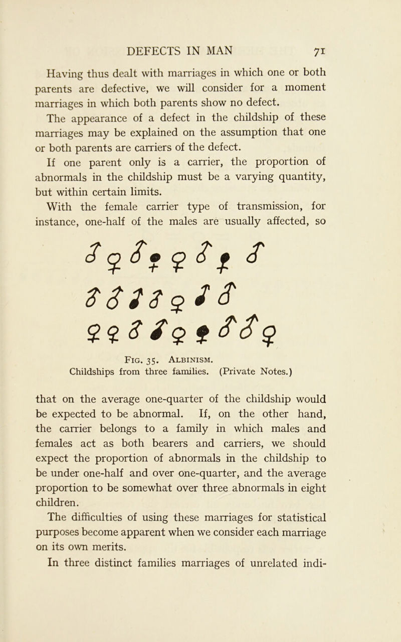 Having thus dealt with marriages in which one or both parents are defective, we will consider for a moment marriages in which both parents show no defect. The appearance of a defect in the childship of these marriages may be explained on the assumption that one or both parents are carriers of the defect. If one parent only is a carrier, the proportion of abnormals in the childship must be a varying quantity, but within certain limits. With the female carrier type of transmission, for instance, one-half of the males are usually affected, so 2 ? 2? £ £ f £ 2 8 $3 $2 S' 9-9.2/§ f SSg Fig. 35. Albinism. Childships from three families. (Private Notes.) that on the average one-quarter of the childship would be expected to be abnormal. If, on the other hand, the carrier belongs to a family in which males and females act as both bearers and carriers, we should expect the proportion of abnormals in the childship to be under one-half and over one-quarter, and the average proportion to be somewhat over three abnormals in eight children. The difficulties of using these marriages for statistical purposes become apparent when we consider each marriage on its own merits. In three distinct families marriages of unrelated indi-