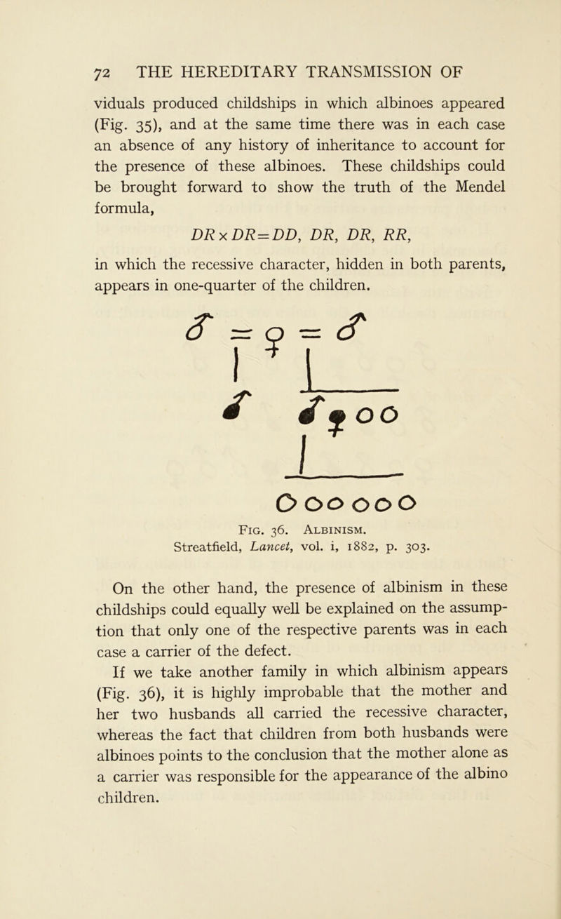 viduals produced childships in which albinoes appeared (Fig. 35), and at the same time there was in each case an absence of any history of inheritance to account for the presence of these albinoes. These childships could be brought forward to show the truth of the Mendel formula, DR x DR=DD, DR, DR, RR, in which the recessive character, hidden in both parents, appears in one-quarter of the children. Oooooo Fig. 36. Albinism. Streatfield, Lancet, vol. i, 1882, p. 303. On the other hand, the presence of albinism in these childships could equally well be explained on the assump- tion that only one of the respective parents was in each case a carrier of the defect. If we take another family in which albinism appears (Fig. 36), it is highly improbable that the mother and her two husbands all carried the recessive character, whereas the fact that children from both husbands were albinoes points to the conclusion that the mother alone as a carrier was responsible for the appearance of the albino children.