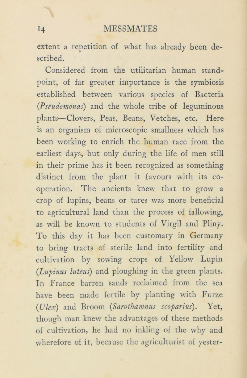 extent a repetition of what has already been de- scribed. Considered from the utilitarian human stand- point, of far greater importance is the symbiosis established between various species of Bacteria (Pseudomonas) and the whole tribe of leguminous plants—Clovers, Peas, Beans, Vetches, etc. Here is an organism of microscopic smallness which has been working to enrich the human race from the earliest days, but only during the life of men still in their prime has it been recognized as something distinct from the plant it favours with its co- operation. The ancients knew that to grow a crop of lupins, beans or tares was more beneficial to agricultural land than the process of fallowing, as will be known to students of Virgil and Pliny. To this day it has been customary in Germany to bring tracts of sterile land into fertility and cultivation by sowing crops of Yellow Lupin (.Lupinus luteus) and ploughing in the green plants. In France barren sands reclaimed from the sea have been made fertile by planting with Furze (Ulex) and Broom (Sarothamnus scoparius). Yet, though man knew the advantages of these methods of cultivation, he had no inkling of the why and wherefore of it, because the agriculturist of yester-