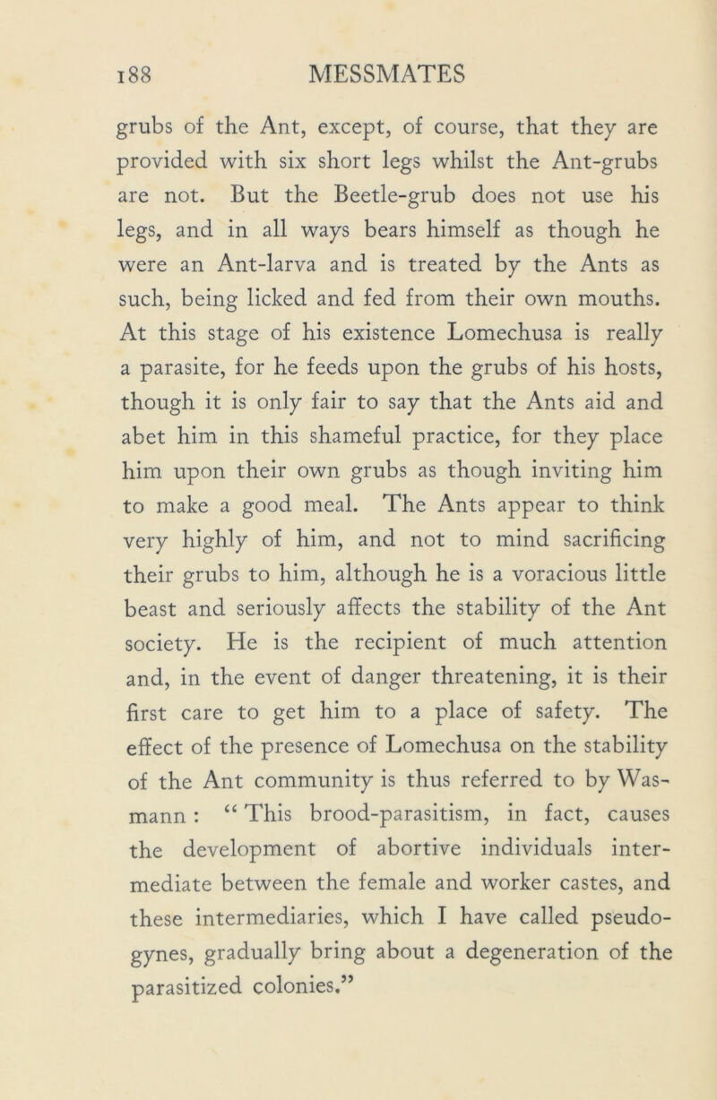 grubs of the Ant, except, of course, that they are provided with six short legs whilst the Ant-grubs are not. But the Beetle-grub does not use his legs, and in all ways bears himself as though he were an Ant-larva and is treated by the Ants as such, being licked and fed from their own mouths. At this stage of his existence Lomechusa is really a parasite, for he feeds upon the grubs of his hosts, though it is only fair to say that the Ants aid and abet him in this shameful practice, for they place him upon their own grubs as though inviting him to make a good meal. The Ants appear to think very highly of him, and not to mind sacrificing their grubs to him, although he is a voracious little beast and seriously affects the stability of the Ant society. He is the recipient of much attention and, in the event of danger threatening, it is their first care to get him to a place of safety. The effect of the presence of Lomechusa on the stability of the Ant community is thus referred to by Was- mann : “ This brood-parasitism, in fact, causes the development of abortive individuals inter- mediate between the female and worker castes, and these intermediaries, which I have called pseudo- gynes, gradually bring about a degeneration of the parasitized colonies.”