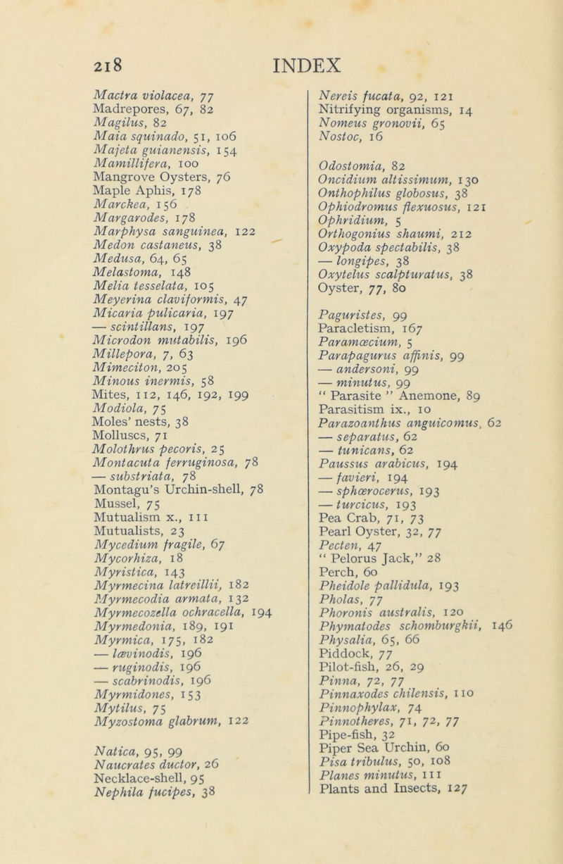 Mactra violacea, 77 Madrepores, 67, 82 Magilus, 82 Maia squinado, 51, 106 Majeta guianensis, 154 Mamillifera, 100 Mangrove Oysters, 76 Maple Apliis, 178 Marckea, 156 Margarodes, 178 Marphysa sanguinea, 122 Medon castaneus, 38 Medusa, 64, 65 Melastoma, 148 Melia tesselata, 105 Meyerina claviformis, 47 Micaria pulicaria, 197 — scintillans, 197 Microdon mutabilis, 196 Millepora, 7, 63 Mimeciton, 205 Minous inermis, 58 Mites, 112, 146, 192, 199 Modiola, 75 Moles’ nests, 38 Molluscs, 71 Molothrus pecoris, 25 Mont acuta ferruginosa, 78 — substriata, 78 Montagu’s Urchin-shell, 78 Mussel, 75 Mutualism x., 111 Mutualists, 23 Mycedium fragile, 67 Mycorhiza, 18 Myristica, 143 Myrmecina latreillii, 182 Myrmecodia armata, 132 Myrmecozclla ochracella, 194 Myrmedonia, 189, 191 Myrmica, 175, 182 — IcBvinodis, 196 — ruginodis, 196 — scabrinodis, 196 Myrmidones, 153 Mytilus, 75 Myzostoma glabrum, 122 Natica, 95, 99 Naucrates ductor, 26 Necklace-shell, 95 Nephila fucipes, 38 Nereis fucata, 92, 121 Nitrifying organisms, 14 Nomeus gronovii, 65 Nostoc, 16 Odostomia, 82 Oncidium altissimum, 130 Onthophilus globosus, 38 Ophiodromus flexuosus, 121 Ophridium, 5 Orthogonius shaumi, 212 Oxypoda spectabilis, 38 — longipes, 38 Oxytelus scalpturatus, 38 Oyster, 77, 80 Paguristes, 99 Paracletism, 167 Paramcecium, 5 Parapagurus affinis, 99 — andersoni, 99 — minutus, 99 “ Parasite ” Anemone, 89 Parasitism ix., 10 Parazoanthus anguicomus, 62 — separatus, 62 — i[unicans, 62 Paussus arabicus, 194 — favieri, 194 — sphcerocerus, 193 — turcicus, 193 Pea Crab, 71, 73 Pearl Oyster, 32,77 Pecten, 47 “ Pelorus Jack,” 28 Perch, 60 Pheidole pallidula, 193 Pholas, 77 Phoronis australis, 120 Phymatodes schomburgkii, 146 Physalia, 65,66 Piddock, 77 Pilot-fish, 26, 29 Pinna, 72, 77 Pinnaxodes chilensis, no Pinnophylax, 74 Pinnotheres, 71, 72, 77 Pipe-fish, 32 Piper Sea Urchin, 60 Pisa tribulus, 50, 108 Planes minutus, 111 Plants and Insects, 127