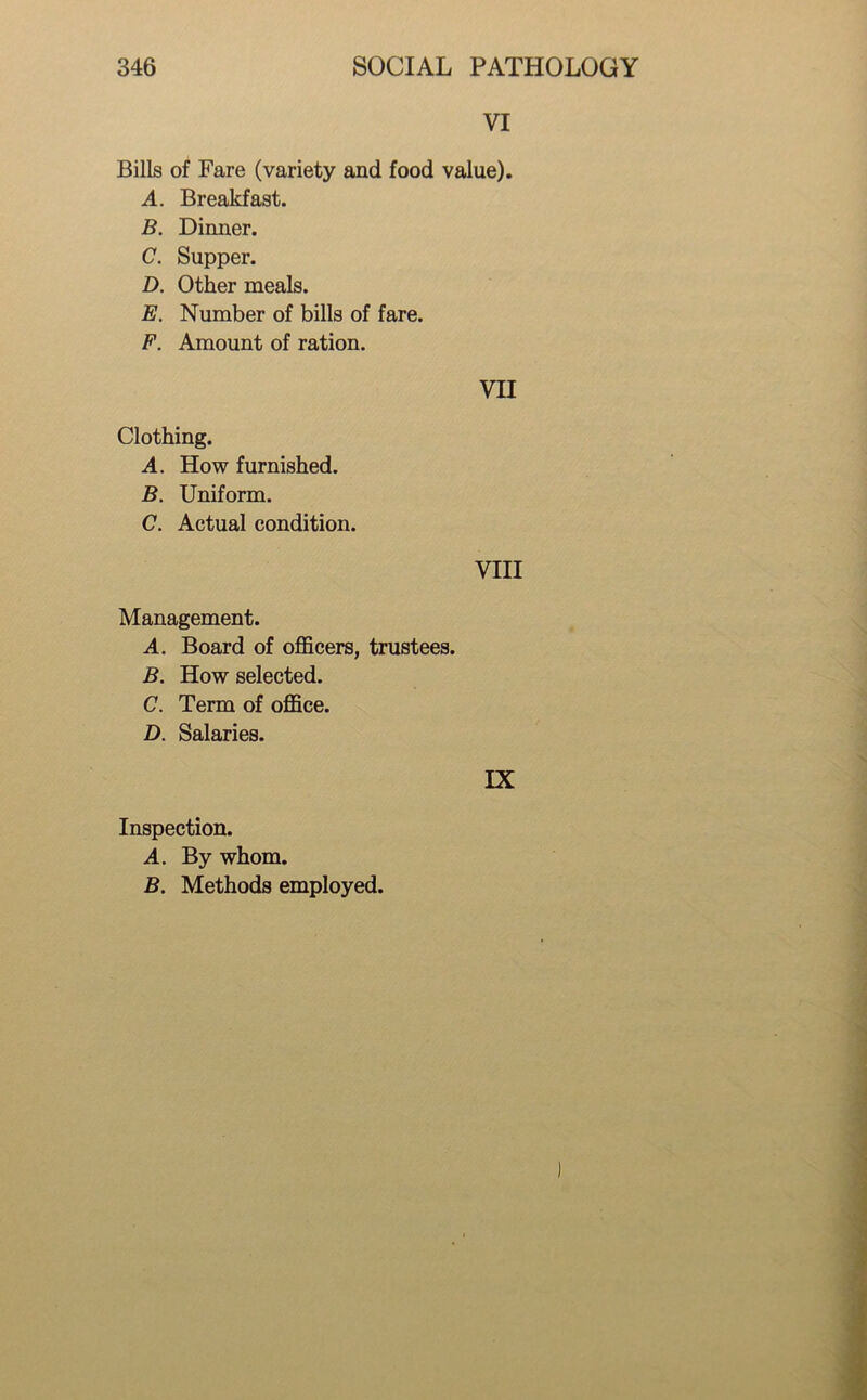 VI Bills of Fare (variety and food value). A. Breakfast. B. Dinner. C. Supper. D. Other meals. E. Number of bills of fare. F. Amount of ration. VII Clothing. A. How furnished. B. Uniform. C. Actual condition. VIII Management. A. Board of officers, trustees. B. How selected. C. Term of office. D. Salaries. IX Inspection. A. By whom. B. Methods employed.