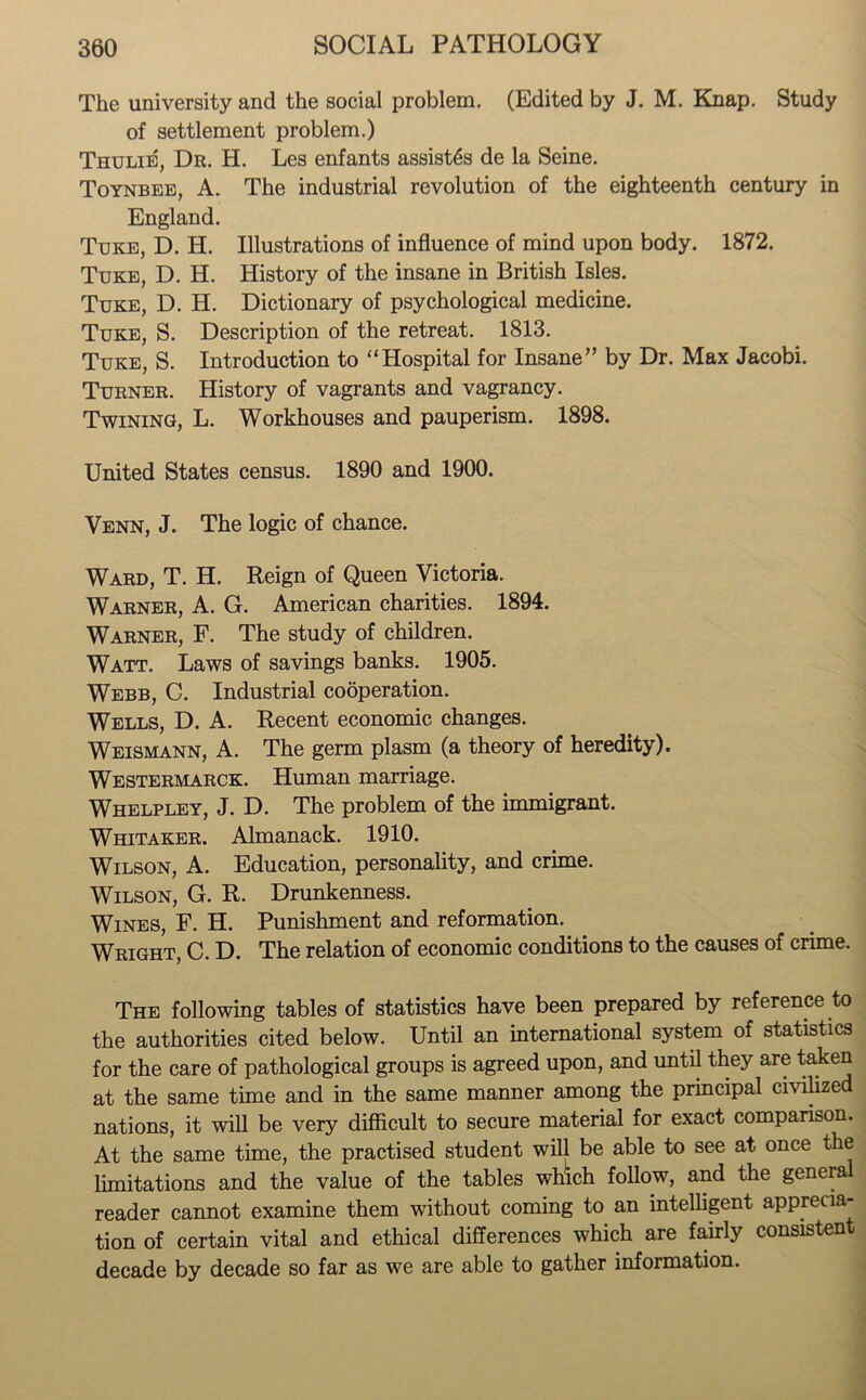 The university and the social problem. (Edited by J. M. Knap. Study of settlement problem.) Thulie, Dr. H. Les enfants assists de la Seine. Toynbee, A. The industrial revolution of the eighteenth century in England. Tuke, D. H. Illustrations of influence of mind upon body. 1872. Tuke, D. H. History of the insane in British Isles. Tuke, D. H. Dictionary of psychological medicine. Tuke, S. Description of the retreat. 1813. Tuke, S. Introduction to “Hospital for Insane” by Dr. Max Jacobi. Turner. History of vagrants and vagrancy. Twining, L. Workhouses and pauperism. 1898. United States census. 1890 and 1900. Venn, J. The logic of chance. Ward, T. H. Reign of Queen Victoria. Warner, A. G. American charities. 1894. Warner, F. The study of children. Watt. Laws of savings banks. 1905. Webb, C. Industrial cooperation. Wells, D. A. Recent economic changes. Weismann, A. The germ plasm (a theory of heredity). Westermarck. Human marriage. Whelpley, J. D. The problem of the immigrant. Whitaker. Almanack. 1910. Wilson, A. Education, personality, and crime. Wilson, G. R. Drunkenness. Wines, F. H. Punishment and reformation. Wright, C. D. The relation of economic conditions to the causes of crime. The following tables of statistics have been prepared by reference to the authorities cited below. Until an international system of statistics for the care of pathological groups is agreed upon, and until they are taken at the same time and in the same manner among the principal civilized nations, it will be very difficult to secure material for exact comparison. At the same time, the practised student will be able to see at once the limitations and the value of the tables which follow, and the general reader cannot examine them without coming to an intelligent apprecia- tion of certain vital and ethical differences which are fairly consistent decade by decade so far as we are able to gather information.