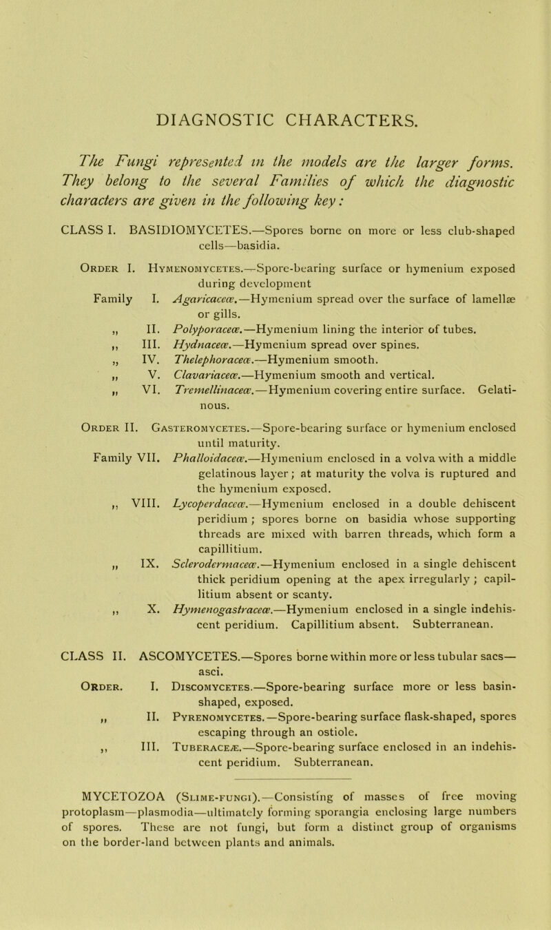 DIAGNOSTIC CHARACTERS. The Fungi represented in the models are tJie larger forms. They belong to the several Families of which the diagnostic characters are given in the following key: CLASS I. BASIDIOMYCETES.—Spores borne on more or less club-shaped cells—basidia. Order I. Family M JJ M Hymenomycetes.^Spore-bearing surface or hymenium exposed during development I. Agaricaccce.—Hymenium spread over the surface of lamellae or gills. II, Polyporaceoe.—Hymenium lining the interior of tubes. III. Hydnacece.—Hymenium spread over spines. IV. Thelephoracece.—Hymenium smooth. V. Clavariacece.—Hymenium smooth and vertical. VI. Tremellinacecc.—Hymenium covering entire surface. Gelati- nous. M VIII. Order II. Gasteromycetes.—Spore-bearing surface or hymenium enclosed until maturity. Family VII. Phalloidacea\—Hymenium enclosed in a volvawith a middle gelatinous layer; at maturity the volva is ruptured and the hymenium exposed. Lycoperdacccc.—Hymenium enclosed in a double dehiscent peridium ; spores borne on basidia whose supporting threads are mixed with barren threads, which form a capillitium. Sclerodermacece.—Hymenium enclosed in a single dehiscent thick peridium opening at the apex irregularly ; capil- litium absent or scanty. Hymenogastracece,—Hymenium enclosed in a single indehis- cent peridium. Capillitium absent. Subterranean. IX. X. CLASS II. ASCOMYCETES.—Spores borne within more or less tubular sacs— asci. Order. I. Discomycetes.—Spore-bearing surface more or less basin- shaped, exposed. „ II. Pyrenomycetes.—Spore-bearing surface flask-shaped, spores escaping through an ostiole. ,, III. Tuberace^e.—Spore-bearing surface enclosed in an indehis- cent peridium. Subterranean. MYCETOZOA (Slime-fungi).—Consisting of masses of free moving protoplasm—plasmodia—ultimately forming sporangia enclosing large numbers of spores. These are not fungi, but form a distinct group of organisms on the border-land between plants and animals.