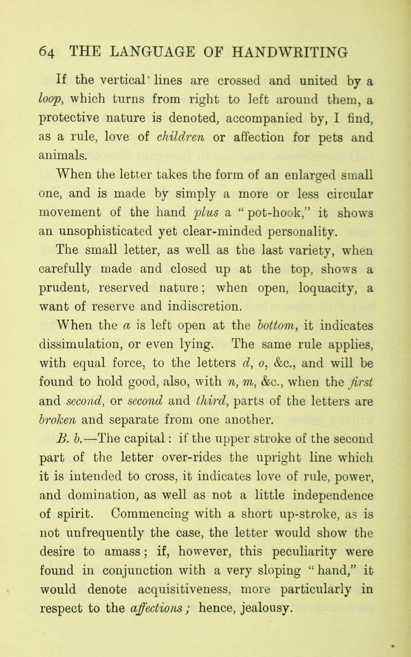 If the vertical* lines are crossed and united by a loojp, which turns from right to left around them, a protective nature is denoted, accompanied by, I find, as a rule, love of children or affection for pets and animals. When the letter takes the form of an enlarged small one, and is made by simply a more or less circular movement of the hand plus a “pot-hook,” it shows an unsophisticated yet clear-minded personality. The small letter, as well as the last variety, when carefully made and closed up at the top, shows a prudent, reserved nature; when open, loquacity, a want of reserve and indiscretion. When the a is left open at the bottom, it indicates dissimulation, or even lying. The same rule applies, with equal force, to the letters d, o, &c., and will be found to hold good, also, with n, m, &c., when the first and second, or second and third, parts of the letters are broken and separate from one another. B. b.—The capital: if* the upper stroke of the second part of the letter over-rides the upright line which it is intended to cross, it indicates love of rule, power, and domination, as well as not a little independence of spirit. Commencing with a short up-stroke, as is not unfrequently the case, the letter would show the desire to amass; if, however, this peculiarity were found in conjunction with a very sloping “ hand,” it would denote acquisitiveness, more particularly in respect to the affections ; hence, jealousy.