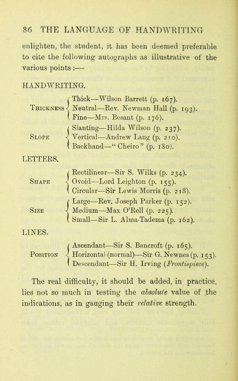 enlighten, the student, it has been deemed preferable to cite the following autographs as illustrative of the various points:— HANDWRITING. { Thick—Wilson Barrett (p. 167). Thickness < Neutral—Rev. Newman Hall (p. 193). ( Fine—Mrs. Besant (p. 176). 1 Slanting—Hilda Wilson (p. 237). Slope < Vertical—Andrew Lang (p. 210). ( Backhand—“Cheiro” (p. 180). LETTERS. | Rectilinear—Sir S. Wilks (p. 234). Shape < Ovoid—Lord Leighton (p. 155). ( Circular—Sir Lewis Morris (p. 218). ( Large—Rev. Joseph Parker (p. 152). Size Medium—Max O’Rell (p. 225). ( Small—Sir L. Alma-Tadema (p. 162). LINES. ( Ascendant—Sir S. Bancroft (p. 165). Position < Horizontal (normal)—Sir G. Newnes(p. 153). ( Descendant—Sir H. Irving (Frontispiece). The real difficulty, it should be added, in practice, lies not so much in testing the absolute value of the indications, as in gauging their relative strength.