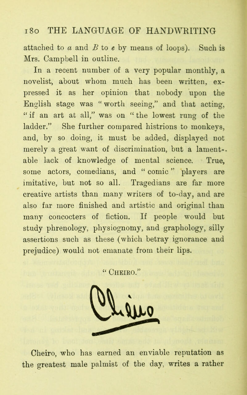 attached to a and B to e by means of loops). Such is Mrs. Campbell in outline. In a recent number of a very popular monthly, a novelist, about whom much has been written, ex- pressed it as her opinion that nobody upon the English stage was “ worth seeing,” and that acting, “ if an art at all,” was on “ the lowest rung of the ladder.” She further compared histrions to monkeys, and, by so doing, it must be added, displayed not merely a great want of discrimination, but a lament-, able lack of knowledge of mental science. True, some actors, comedians, and “ comic ” players are imitative, but not so all. Tragedians are far more creative artists than many writers of to-day, and are also far more finished and artistic and original than many concocters of fiction. If people would but study phrenology, physiognomy, and graphology, silly assertions such as these (which betray ignorance and prejudice) would not emanate from their lips. “ Cheiro.” Cheiro, who has earned an enviable reputation as the greatest male palmist of the day, writes a rather