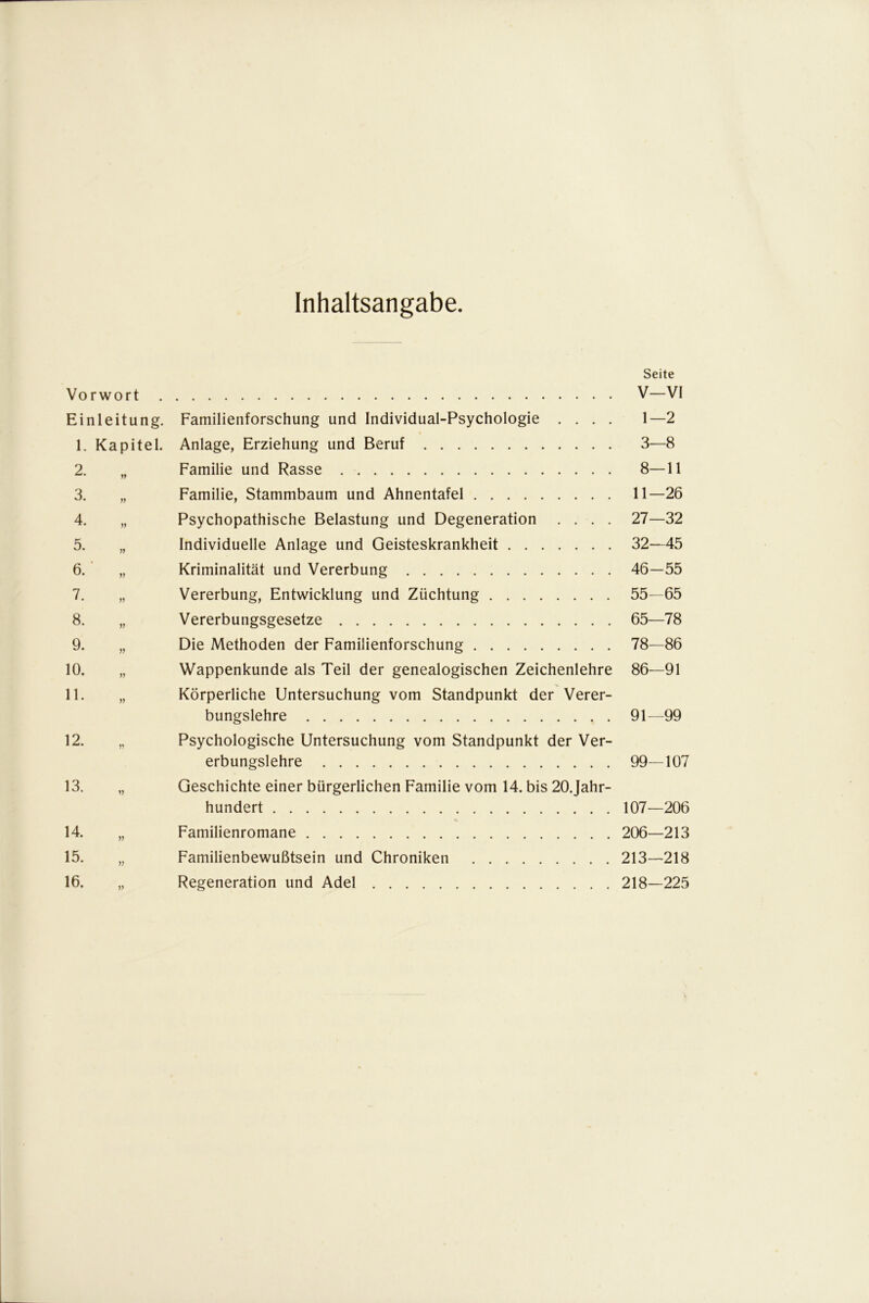 Inhaltsangabe. Seite Vorwort V—VI Einleitung. Familienforschung und Individual-Psychologie .... 1—2 1. Kapitel. Anlage, Erziehung und Beruf 3—8 2. „ Familie und Rasse 8—11 3. „ Familie, Stammbaum und Ahnentafel 11—26 4. „ Psychopathische Belastung und Degeneration .... 27—32 5. „ Individuelle Anlage und Geisteskrankheit 32—45 6. „ Kriminalität und Vererbung 46—55 7. „ Vererbung, Entwicklung und Züchtung 55—65 8. „ Vererbungsgesetze 65—78 9. „ Die Methoden der Familienforschung 78—86 10. „ Wappenkunde als Teil der genealogischen Zeichenlehre 86—91 11. „ Körperliche Untersuchung vom Standpunkt der Verer- bungslehre 91—99 12. „ Psychologische Untersuchung vom Standpunkt der Ver- erbungslehre 99—107 13. „ Geschichte einer bürgerlichen Familie vom 14. bis 20.Jahr- hundert 107—206 14. „ Familienromane 206—213 15. „ Familienbewußtsein und Chroniken 213—218 16. „ Regeneration und Adel 218—225