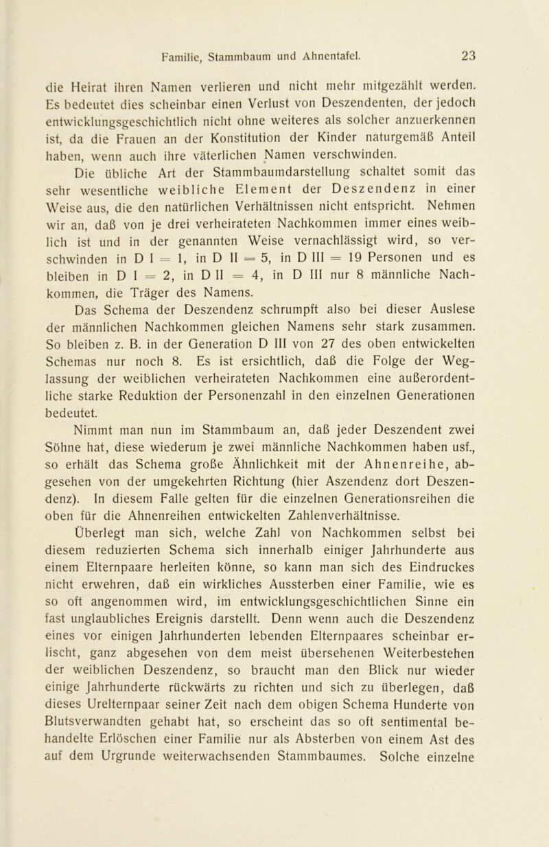 die Heirat ihren Namen verlieren und nicht mehr mitgezählt werden. Es bedeutet dies scheinbar einen Verlust von Deszendenten, der jedoch entwicklungsgeschichtlich nicht ohne weiteres als solcher anzuerkennen ist, da die Frauen an der Konstitution der Kinder naturgemäß Anteil haben, wenn auch ihre väterlichen Namen verschwinden. Die übliche Art der Stammbaumdarstellung schaltet somit das sehr wesentliche weibliche Element der Deszendenz in einer Weise aus, die den natürlichen Verhältnissen nicht entspricht. Nehmen wir an, daß von je drei verheirateten Nachkommen immer eines weib- lich ist und in der genannten Weise vernachlässigt wird, so ver- schwinden in D I = 1, in D II = 5, in D III = 19 Personen und es bleiben in D I = 2, in D II = 4, in D III nur 8 männliche Nach- kommen, die Träger des Namens. Das Schema der Deszendenz schrumpft also bei dieser Auslese der männlichen Nachkommen gleichen Namens sehr stark zusammen. So bleiben z. B. in der Generation D III von 27 des oben entwickelten Schemas nur noch 8. Es ist ersichtlich, daß die Folge der Weg- lassung der weiblichen verheirateten Nachkommen eine außerordent- liche starke Reduktion der Personenzahl in den einzelnen Generationen bedeutet. Nimmt man nun im Stammbaum an, daß jeder Deszendent zwei Söhne hat, diese wiederum je zwei männliche Nachkommen haben usf., so erhält das Schema große Ähnlichkeit mit der Ahnenreihe, ab- gesehen von der umgekehrten Richtung (hier Aszendenz dort Deszen- denz). In diesem Falle gelten für die einzelnen Generationsreihen die oben für die Ahnenreihen entwickelten Zahlenverhältnisse. Überlegt man sich, welche Zahl von Nachkommen selbst bei diesem reduzierten Schema sich innerhalb einiger Jahrhunderte aus einem Elternpaare herleiten könne, so kann man sich des Eindruckes nicht erwehren, daß ein wirkliches Aussterben einer Familie, wie es so oft angenommen wird, im entwicklungsgeschichtlichen Sinne ein fast unglaubliches Ereignis darstellt. Denn wenn auch die Deszendenz eines vor einigen Jahrhunderten lebenden Elternpaares scheinbar er- lischt, ganz abgesehen von dem meist übersehenen Weiterbestehen der weiblichen Deszendenz, so braucht man den Blick nur wieder einige Jahrhunderte rückwärts zu richten und sich zu überlegen, daß dieses Urelternpaar seiner Zeit nach dem obigen Schema Hunderte von Blutsverwandten gehabt hat, so erscheint das so oft sentimental be- handelte Erlöschen einer Familie nur als Absterben von einem Ast des auf dem Urgründe weiterwachsenden Stammbaumes. Solche einzelne