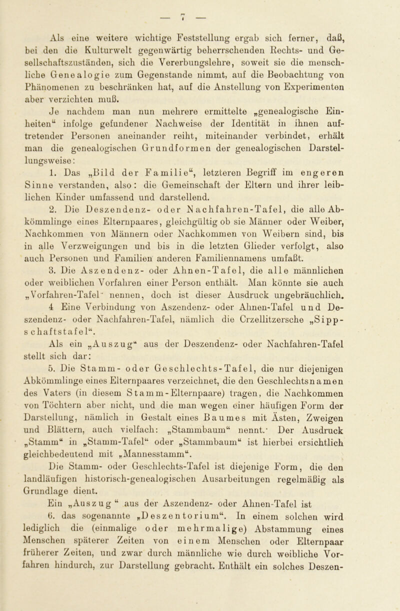< Als eine weitere wichtige Feststellung ergab sich ferner, daß, bei den die Kulturwelt gegenwärtig beherrschenden Rechts- und Ge- sellschaftszuständen, sich die Vererbungslehre, soweit sie die mensch- liche Genealogie zum Gegenstände nimmt, auf die Beobachtung von Phänomenen zu beschränken hat, auf die Anstellung von Experimenten aber verzichten muß. Je nachdem man nun mehrere ermittelte „genealogische Ein- heiten“ infolge gefundener Nachweise der Identität in ihnen auf- tretender Personen aneinander reiht, miteinander verbindet, erhält man die genealogischen Grundformen der genealogischen Darstel- lungsweise : 1. Das „Bild der Familie“, letzteren Begriff im engeren Sinne verstanden, also: die Gemeinschaft der Eltern und ihrer leib- lichen Kinder umfassend und darstellend. 2. Die Deszendenz- oder N achfahren-Tafel, die alle Ab- kömmlinge eines Elternpaares, gleichgültig ob sie Männer oder Weiber, Nachkommen von Männern oder Nachkommen von Weibern sind, bis in alle Verzweigungen und bis in die letzten Glieder verfolgt, also auch Personen und Familien anderen Familiennamens umfaßt. 3. Die Aszendenz- oder Ahnen-Tafel, die alle männlichen oder weiblichen Vorfahren einer Person enthält. Man könnte sie auch „ Vorfahren-Tafel ‘ nennen, doch ist dieser Ausdruck ungebräuchlich. 4 Eine Verbindung von Aszendenz- oder Ahnen-Tafel und De- szendenz- oder Nachfahren-Tafel, nämlich die Crzellitzersche „Sipp- schaftstafel“. Als ein „Auszug“ aus der Deszendenz- oder Nachfahren-Tafel stellt sich dar: 5. Die Stamm- oder Geschlechts-Tafel, die nur diejenigen Abkömmlinge eines Elternpaares verzeichnet, die den Geschlechtsnamen des Vaters (in diesem Starnm-Elternpaare) tragen, die Nachkommen von Töchtern aber nicht, und die man wegen einer häufigen Form der Darstellung, nämlich in Gestalt eines Baumes mit Ästen, Zweigen und Blättern, auch vielfach: „Stammbaum“ nennt.* Der Ausdruck „Stamm“ in „Stamm-Tafel“ oder „Stammbaum“ ist hierbei ersichtlich gleichbedeutend mit „Mannesstamm“. Die Stamm- oder Geschlechts-Tafel ist diejenige Form, die den landläufigen historisch-genealogischen Ausarbeitungen regelmäßig als Grundlage dient. Ein „Auszug“ aus der Aszendenz- oder Ahnen-Tafel ist ö. das sogenannte „D eszen torium“. In einem solchen wird lediglich die (einmalige oder mehrmalige) Abstammung eines Menschen späterer Zeiten von einem Menschen oder Elternpaar früherer Zeiten, und zwar durch männliche wie durch weibliche Vor- fahren hindurch, zur Darstellung gebracht. Enthält ein solches Deszen-