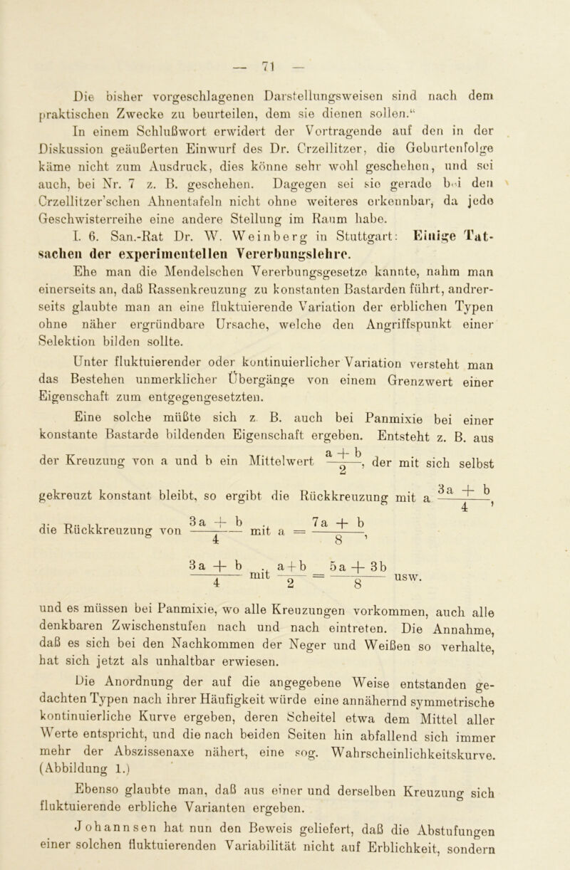 Die bisher vorgeschlagenen Darstellungsweisen sind nach dem praktischen Zwecke zu beurteilen, dem sie dienen sollen.“ In einem Schlußwort erwidert der Vortragende auf den in der Diskussion geäußerten Einwurf des Dr. Crzellitzer, die Geburtenfolge käme nicht zum Ausdruck, dies könne sehr wohl geschehen, und sei auch, bei Nr. 7 z. B. geschehen. Dagegen sei sie gerade b-u den Crzellitzer’schen Ahnentafeln nicht ohne weiteres erkennbar, da jede Geschwisterreihe eine andere Stellung im Raum habe. I. 6. San.-Rat Dr. W. Weinberg in Stuttgart: Einige Tat- sachen der experimentellen Vererbungslehre. Ehe man die Mendelschen Vererbungsgesetze kannte, nahm man einerseits an, daß Rassenkreuzung zu konstanten Bastarden führt, andrer- seits glaubte man an eine fluktuierende Variation der erblichen Typen ohne näher ergründbare Ursache, welche den Angriffspunkt einer Selektion bilden sollte. Unter fluktuierender oder kontinuierlicher Variation versteht man das Bestehen unmerklicher Übergänge von einem Grenzwert einer Eigenschaft zum entgegengesetzten. Eine solche müßte sich z B. auch bei Panmixie bei einer konstante Bastarde bildenden Eigenschaft ergeben. Entsteht z. B. aus der Kreuzung von a und b ein Mittelwert — ^ k, der mit sich selbst ^ I K gekreuzt konstant bleibt, so ergibt die Rückkreuzung mit a -- , die Rückkreuzung von 3 a -f- b 7 a —(- b : mit a = - 8 3a + b aAb 5a + 3b _____ mit — = _ g usw. und es müssen bei Panmixie, wo alle Kreuzungen Vorkommen, auch alle denkbaren Zwischenstufen nach und nach eintreten. Die Annahme, daß es sich bei den Nachkommen der Neger und Weißen so verhalte, hat sich jetzt als unhaltbar erwiesen. Die Anordnung der auf die angegebene Weise entstanden ge- dachten Typen nach ihrer Häufigkeit würde eine annähernd symmetrische kontinuierliche Kurve ergeben, deren Scheitel etwa dem Mittel aller Werte entspricht, und die nach beiden Seiten hin abfallend sich immer mehr der Abszissenaxe nähert, eine sog. Wahrscheinlichkeitskurve. (Abbildung 1.) Ebenso glaubte man, daß aus einer und derselben Kreuzung sich fluktuierende erbliche Varianten ergeben. Johannsen hat nun den Beweis geliefert, daß die Abstufungen einer solchen fluktuierenden Variabilität nicht auf Erblichkeit, sondern