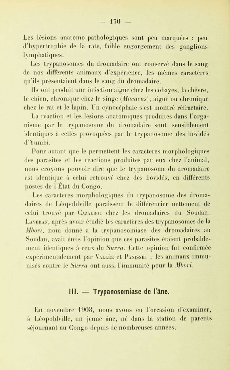 Les lésions anatomo-pathologiques sont peu marquées : peu d’hypertrophie de la rate, faihle engorgement des ganglions lymphatiques. Les trypanosomes du dromadaire ont conservé dans le sang de nos différents animaux d’expérience, les mêmes caractères qu’ils présentaient dans le sang du dromadaire. Ils ont produit une infection aiguë chez les cobayes, la chèvre, le chien, chronique chez le singe (Macacus), aiguë ou chronique chez le rat et le lapin. Un cynocéphale s’est montré réfractaire. La réaction et les lésions anatomiques produites dans l’orga- nisme par le trypanosome du dromadaire sont sensiblement identiques à celles provoquées par le trypanosome des bovidés d’Yumbi. Pour autant que le permettent les caractères morphologiques des parasites et les réactions produites par eux chez l’animal, nous croyons pouvoir dire que le trypanosome du dromadaire est identique à celui retrouvé chez des bovidés, en différents postes de l’État du Congo. Les caractères morphologiques du trypanosome des droma- daires de Léopoldville paraissent le différencier nettement de celui trouvé par Cazalbou chez les dromadaires du Soudan. Laveran, après avoir étudié les caractères des trypanosomes de la Mbori, nom donné à la trypanosomiase des dromadaires au Soudan, avait émis l’opinion que ces parasites étaient probable- ment identiques à ceux du Surra. Cette opinion fut confirmée expérimentalement par Vallée et Panisset : les animaux immu- nisés contre le Surra ont aussi l’immunité pour la Mbori. III. — Trypanosomiase de l’âne. En novembre 1903, nous avons eu l’occasion d’examiner, à Léopoldville, un jeune âne, né dans la station de parents séjournant au Congo depuis de nombreuses années.