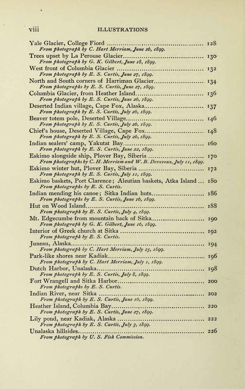 Yale Glacier, College Fiord 12S From photograph by C. Hart Merriam, June 26, i8gg. Trees upset by La Perouse Glacier 130 From photograph by G. K. Gilbert^ June 18, i8gg. West front of Columbia Glacier 132 From photograph by E. S. Curtis, June Bf, i8gg. North and South corners of Harriman Glacier 134 From photographs by E. S. Curtis, June By, i8gg. Columbia Glacier, from Heather Island 136 From photograph by E. S. Curtis, June 26, i8gg. Deserted Indian village. Cape Fox, Alaska 137 From photograph by E. S. Curtis, July 26, i8gg. Beaver totem pole. Deserted Village 146 From photograph by E. S. Curtis, July 26, i8gg. Chief’s house. Deserted Village, Cape Fox 148 From photograph by E. S. Curtis, July 26, i8gg. Indian sealers’ camp, Yakutat Bay 160 From photograph by E. S. Curtis, June 22, i8gg. Eskimo alongside ship. Plover Bay, Siberia 170 From photographs by C. H. Merriam and W. B. Devereux,July ii, i8gg. Eskimo w^inter hut. Plover Bay, Siberia 172 From photograph by E. S. Curtis, July ii, i8gg. Eskimo baskets. Port Clarence; Aleutian baskets, Atka Island ... 180 From photographs by E. S. Curtis. Indian mending his canoe; Sitka Indian huts 186 From photographs by E. S. Curtis, June 16, i8gg. Hut on Wood Island 188 From photograph by E. S. Curtis, July 4, i8gg. Mt. Edgecumbe from mountain back of Sitka 190 From photografh by G. K. Gilbert, June ib, i8gg. Interior of Greek church at Sitka 192 From photograph by E. S. Curtis. Juneau, Alaska 194 From photograph by C. Hart Merriam, July 2y, i8gg. Park-like shores near Kadiak 196 From photograph by C. Hart Merriam, July i, i8gg. Dutch Harbor, Unalaska 198 From photograph by E. S. Curtis, July 8, i8gg. Fort Wrangell and Sitka Harbor 200 From photographs by E. S. Curtis. Indian River, near Sitka 202 From photograph by E. S. Curtis, June 16, i8gg. Heather Island, Columbia Bay 220 From photograph by E. S. Curtis, June 2’j, i8gg. Lily pond, near Kadiak, Alaska 222 From photograph by E. S. Curtis, July j, i8gg. Unalaska hillsides 226 From photograph by U. S. Fish Commission.