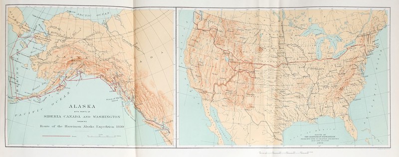 fSL-h Jluniinit k) irmn>>a|>wil 9H> Princ* FcFHSrotUi SIBKKIA (WXADA AND \\'ASIIIX('.T()X A.i.Jre'; SHOWING Rome of die Hai'i*iman Alaska Kx]>editiou IHlld f ROrTE OF TUE HARRIACIN EXPEDITION PROM XEWYOBK TO SEATTLE AXDBETtTRN' AXn AX’OUST 1H99 _«00 MJIC£