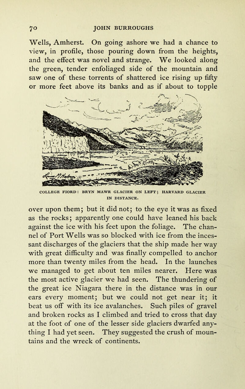 Wells, Amherst. On going ashore we had a chance to view, in profile, those pouring down from the heights, and the effect was novel and strange. We looked along the green, tender enfoliaged side of the mountain and saw one of these torrents of shattered ice rising up fifty or more feet above its banks and as if about to topple COLLEGE FIORD : BRYN MAWR GLACIER ON LEFT; HARVARD GLACIER IN DISTANCE. over upon them; but it did not; to the eye it was as fixed as the rocks; apparently one could have leaned his back against the ice with his feet upon the foliage. The chan- nel of Port Wells was so blocked with ice from the inces- sant discharges of the glaciers that the ship made her way with great difficulty and was finally compelled to anchor more than twenty miles from the head. In the launches we managed to get about ten miles nearer. Here was the most active glacier we had seen. The thundering of the great ice Niagara there in the distance was in our ears every moment; but we could not get near it; it beat us off with its ice avalanches. Such piles of gravel and broken rocks as I climbed and tried to cross that day at the foot of one of the lesser side glaciers dwarfed any- thing I had yet seen. They suggested the crush of moun- tains and the wreck of continents.