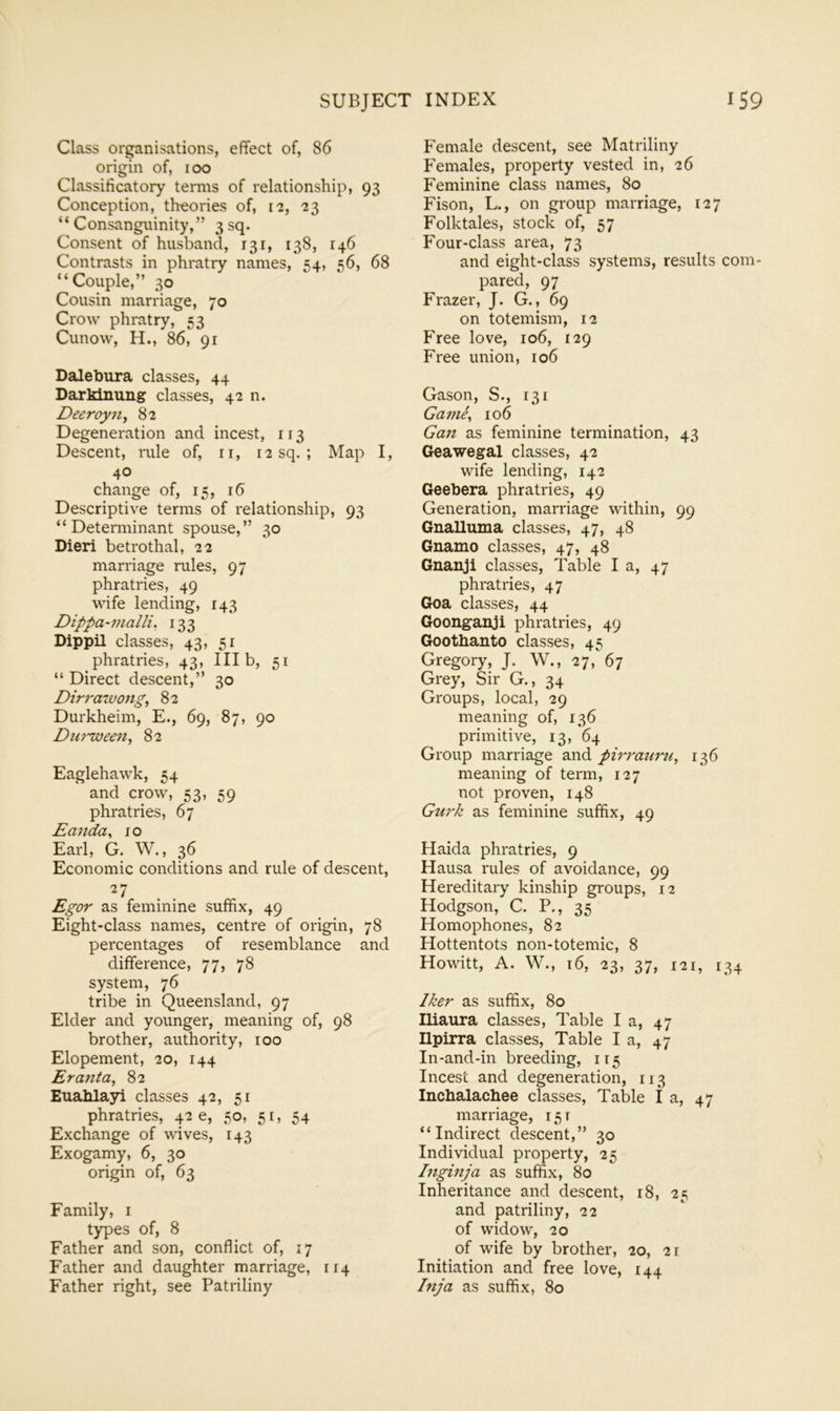 Class organisations, effect of, 86 origin of, roo Classificatory terms of relationship, 93 Conception, theories of, 12, 23 “Consanguinity,” 3sq. Consent of husband, 131, 138, 146 Contrasts in phratry names, 54, 56, 68 “Couple,” 30 Cousin marriage, 70 Crow phratry, 53 Cunow, H., 86, 91 Dalebura classes, 44 Daxldnung classes, 42 n. Deeroyn^ 82 Degeneration and incest, i r 3 Descent, rule of, ii, 12 sq.; Map I, 40 change of, 15, 16 Descriptive terms of relationship, 93 “Determinant spouse,” 30 Dieri betrothal, 22 marriage rules, 97 phratries, 49 wife lending, 143 Dippa-inalli, 133 Dippil classes, 43, 51 phratries, 43, III b, 51 “ Direct descent,” 30 Dirrawong, 82 Durkheim, E., 69, 87, 90 Dni'ween^ 82 Eaglehawk, 54 and crow, 53, 59 phratries, 67 Eanda^ ro Earl, G. W., 36 Economic conditions and rule of descent, Egor as feminine suffix, 49 Eight-class names, centre of origin, 78 percentages of resemblance and difference, 77, 78 system, 76 tribe in Queensland, 97 Elder and younger, meaning of, 98 brother, authority, 100 Elopement, 20, 144 Eranta^ 82 Euahlayi classes 42, 51 phratries, 42 e, 50, 51, 54 Exchange of wives, 143 Exogamy, 6, 30 origin of, 63 Family, i types of, 8 Father and son, conflict of, 17 Father and daughter marriage, 114 Father right, see Patriliny Female descent, see Matriliny F'emales, property vested in, 26 Feminine class names, 80 Fison, L., on group marriage, 127 Folktales, stock of, 57 Four-class area, 73 and eight-class systems, results com- pared, 97 Frazer, J. G., 69 on totemism, 12 Free love, 106, 129 Free union, 106 Gason, S., 131 Game^ 106 Gan as feminine termination, 43 Geawegal classes, 42 wife lending, 142 Geebera phratries, 49 Generation, marriage within, 99 Gnalluma classes, 47, 48 Gnamo classes, 47, 48 Gnanji classes. Table I a, 47 phratries, 47 Goa classes, 44 Goonganji phratries, 49 Goothanto classes, 45 Gregory, J. W., 27, 67 Grey, Sir G., 34 Groups, local, 29 meaning of, 136 primitive, 13, 64 Group marriage and pirranru^ 136 meaning of term, 127 not proven, 148 Gurk as feminine suffix, 49 Haida phratries, 9 Hausa rules of avoidance, 99 Hereditary kinship groups, 12 Hodgson, C. P., 35 Homophones, 82 Hottentots non-totemic, 8 Howitt, A. W., 16, 23, 37, 121, 134 Iker as suffix, 80 Iliaura classes. Table la, 47 Ilpirra classes. Table la, 47 In-and-in breeding, 115 Incest and degeneration, 113 Inchalachee classes. Table la, 47 marriage, 151 “Indirect descent,” 30 Individual property, 25 Ingin j a as suffix, 80 Inheritance and descent, 18, 25 and patriliny, 22 of widow, 20 of wife by brother, 20, 21 Initiation and free love, 144 Inja as suffix, 80