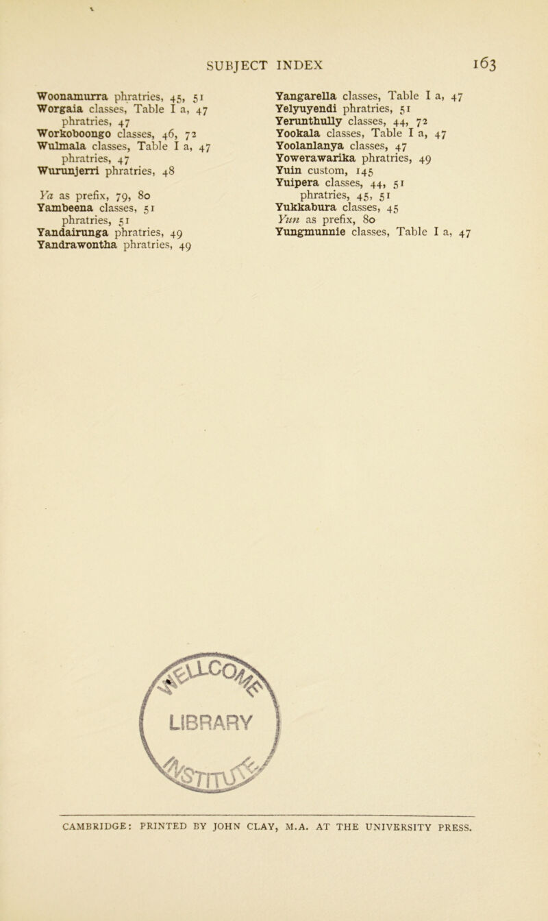 Woonamurra phratries, 45, 51 Worgaia classes, Table I a, 47 phratries, 47 Workoboongo classes, 46, 72 Wulmala classes, Table I a, 47 phratries, 47 WuninjeiTi phratries, 48 Va as prefix, 79, 80 Yambeena classes, 51 phratries, 51 Yandairunga phratries, 49 Yandrawontha phratries, 49 Yangarella classes, Table la, 47 Yel3Tuyendi phratries, 51 YenintbuUy classes, 44, 72 Yookala classes. Table I a, 47 Yoolanlanya classes, 47 Yowerawarika phratries, 49 Yuin custom, 145 Yuipera classes, 44, 51 phratries, 45, 51 Yukkabura classes, 45 Vim as prefix, 80 Yungmunnie classes. Table I a, 47 CAMBRIDGE: PRINTED BY JOHN CLAY, M.A. AT THE UNIVERSITY PRESS.