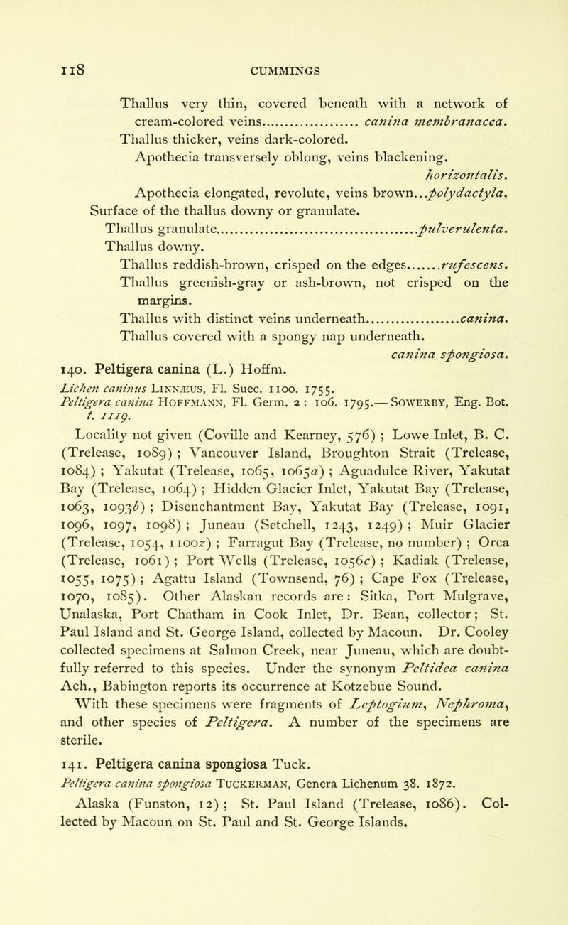 Thallus very thin, covered beneath with a network of cream-colored veins canhia membranacea. Thallus thicker, veins dark-colored. Apothecia transversely oblong, veins blackening. horizontalis, Apothecia elongated, revolute, veins hrov^n.. .polydactyla. Surface of the thallus downy or granulate. Thallus granulate pulverulenta, Thallus downy. Thallus reddish-brown, crisped on the edges rufescens, Thallus greenish-gray or ash-brown, not crisped on the margins. Thallus with distinct veins underneath canina. Thallus covered with a spongy nap underneath. canina spongiosa, 140. Peltigera canina (L.) Hoffm. Lichen ca7tinusFI. Suec. iioo. 1755. Peltigera caiiina Hoffmann, FI. Germ. 2 : 106. 1795.— Sowerby, Eng. Bot. t. mg. Locality not given (Coville and Kearney, 576) ; Lowe Inlet, B. C. (Trelease, 1089) ; Vancouver Island, Broughton Strait (Trelease, 1084) ; Yakutat (Trelease, 1065, 1065a) ; Aguadulce River, Yakutat Bay (Trelease, 1064) ; Hidden Glacier Inlet, Yakutat Bay (Trelease, 1063, io93<5) ; Disenchantment Bay, Yakutat Bay (Trelease, 1091, 1096, 1097, 1098); Juneau (Setchell, 1243, 1249); Muir Glacier (Trelease, 1054, 5 Farragut Bay (Trelease, no number) ; Orca (Trelease, 1061) ; Port Wells (Trelease, 1056c) ; Kadiak (Trelease, 1055, 1075) ; Agattu Island (Townsend, 76) ; Cape Fox (Trelease, 1070, 1085). Other Alaskan records are: Sitka, Port Mulgrave, Unalaska, Port Chatham in Cook Inlet, Dr. Bean, collector; St. Paul Island and St. George Island, collected by Macoun. Dr. Cooley collected specimens at Salmon Creek, near Juneau, which are doubt- fully referred to this species. Under the synonym Peltidea canina Ach., Babington reports its occurrence at Kotzebue Sound. With these specimens were fragments of Leptogium^ Nephrofna^ and other species of Peltigera, A number of the specimens are sterile. 141. Peltigera canina spongiosa Tuck. Peltigera canina spongiosa Tuckerman, Genera Lichenum 38. 1872. Alaska (Funston, 12); St. Paul Island (Trelease, 1086). Col- lected by Macoun on St. Paul and St. George Islands.