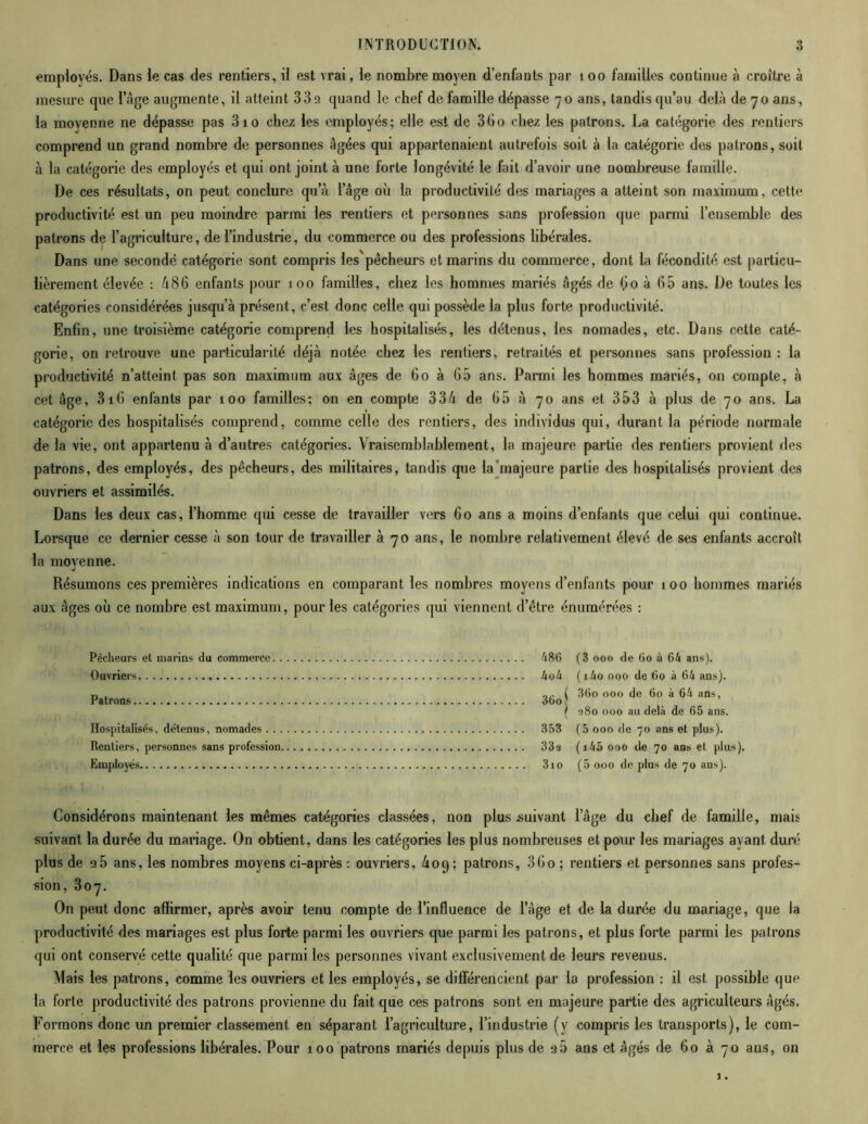 employés. Dans le cas des rentiers, il est vrai, le nombre moyen d’enfants par 100 familles continue à croître à mesure que l’àge augmente, il atteint 332 quand le chef de famille dépasse 70 ans, tandis qu’au delà de 70 ans, la moyenne ne dépasse pas 3io chez les employés; elle est de 3Go chez les patrons. La catégorie des rentiers comprend un grand nombre de personnes âgées qui appartenaient autrefois soit à la catégorie des patrons, soit à la catégorie des employés et qui ont joint à une forte longévité le fait d’avoir une nombreuse famille. De ces résultats, on peut conclure qu’à l’âge où la productivité des mariages a atteint son maximum, cette productivité est un peu moindre parmi les rentiers et personnes sans profession que parmi l’ensemble des patrons de l’agriculture, de l’industrie, du commerce ou des professions libérales. Dans une secondé catégorie sont compris les pêcheurs et marins du commerce, dont la fécondité est particu- lièrement élevée : 486 enfants pour 100 familles, chez les hommes mariés âgés de (io à G5 ans. De toutes les catégories considérées jusqu’à présent, c’est donc celle qui possède la plus forte productivité. Enfin, une troisième catégorie comprend les hospitalisés, les détenus, les nomades, etc. Dans cette caté- gorie, on retrouve une particularité déjà notée chez les rentiers, retraités et personnes sans profession : la productivité n’atteint pas son maximum aux âges de 60 à 65 ans. Parmi les hommes mariés, on compte, à cet âge, 316 enfants par 100 familles; on en compte 33ù de G5 à 70 ans et 353 à plus de 70 ans. La catégorie des hospitalisés comprend, comme celle des rentiers, des individus qui, durant la période normale de la vie, ont appartenu à d’autres catégories. Vraisemblablement, la majeure partie des rentiers provient des patrons, des employés, des pêcheurs, des militaires, tandis que la majeure partie des hospitalisés provient des ouvriers et assimilés. Dans les deux cas, l’homme qui cesse de travailler vers 60 ans a moins d’enfants que celui qui continue. Lorsque ce dernier cesse à son tour de travailler 570 ans, le nombre relativement élevé de ses enfants accroît la moyenne. Résumons ces premières indications en comparant les nombres moyens d’enfants pour 100 hommes mariés aux âges où ce nombre est maximum, pour les catégories qui viennent d’être énumérées : Pêcheurs et marins du commerce. . Ouvriers Patrons Hospitalisés, détenus, nomades . . . Rentiers, personnes sans profession. Employés 486 (3 000 de 60 à 64 ans). 4o4 (i4o 000 de 60 à 64 ans). Q£. ( 36o 000 de 60 à 64 ans, 36o’ ( 980 000 au delà de 65 ans. 353 (5 000 de 70 ans et plus). 33a (i45 000 de 70 ans et plus). 3io (5 000 de plus de 70 ans). Considérons maintenant les mêmes catégories classées, non plus .suivant l’âge du chef de famille, mais suivant la durée du mariage. On obtient, dans les catégories les plus nombreuses et pour les mariages ayant duré plus de 2 5 ans, les nombres moyens ci-après : ouvriers, 4oq; patrons, 3Go ; rentiers et personnes sans profes- sion, 307. On peut donc affirmer, après avoir tenu compte de l’influence de l’àge et de la durée du mariage, que la productivité des mariages est plus forte parmi les ouvriers que parmi les patrons, et plus forte parmi les patrons qui ont conservé cette qualité que parmi les personnes vivant exclusivement de leurs revenus. Mais les patrons, comme les ouvriers et les employés, se différencient par la profession : il est possible que la forte productivité des patrons provienne du fait que ces patrons sont en majeure partie des agriculteurs âgés. Formons donc un premier classement en séparant l’agriculture, l’industrie (y compris les transports), le com- merce et les professions libérales. Pour 100 patrons mariés depuis plus de 25 ans et âgés de Go à 70 ans, on