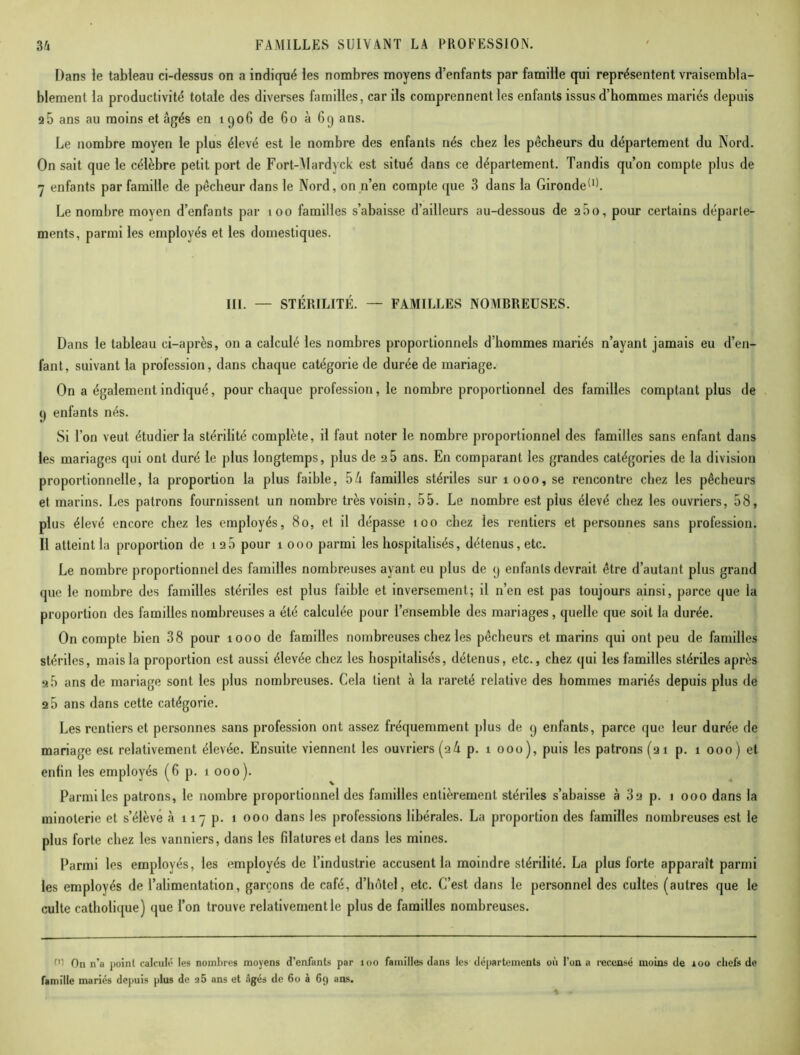 Dans le tableau ci-dessus on a indiqué les nombres moyens d’enfants par famille qui représentent vraisembla- blement la productivité totale des diverses familles, car ils comprennent les enfants issus d’hommes mariés depuis 2 5 ans au moins et âgés en 1906 de 60 à 69 ans. Le nombre moyen le plus élevé est le nombre des enfants nés chez les pêcheurs du département du Nord. On sait que le célèbre petit port de Fort-Mardyck est situé dans ce département. Tandis qu’on compte plus de 7 enfants par famille de pêcheur dans le Nord, on n’en compte que 3 dans la Gironde(I). Le nombre moyen d’enfants par 100 familles s’abaisse d’ailleurs au-dessous de 260, pour certains départe- ments, parmi les employés et les domestiques. III. — STÉRILITÉ. — FAMILLES NOMBREUSES. Dans le tableau ci-après, on a calculé les nombres proportionnels d’hommes mariés n’ayant jamais eu d’en- fant, suivant la profession, dans chaque catégorie de durée de mariage. On a également indiqué, pour chaque profession, le nombre proportionnel des familles comptant plus de 9 enfants nés. Si l’on veut étudier la stérilité complète, il faut noter le nombre proportionnel des familles sans enfant dans les mariages qui ont duré le plus longtemps, plus de 2 5 ans. En comparant les grandes catégories de la division proportionnelle, la proportion la plus faible, 56 familles stériles sur 1000, se rencontre chez les pêcheurs et marins. Les patrons fournissent un nombre très voisin, 55. Le nombre est plus élevé chez les ouvriers, 58, plus élevé encore chez les employés, 80, et il dépasse 100 chez les rentiers et personnes sans profession. Il atteint la proportion de 125 pour 1 000 parmi les hospitalisés, détenus, etc. Le nombre proportionnel des familles nombreuses ayant eu plus de 9 enfants devrait être d’autant plus grand que le nombre des familles stériles est plus faible et inversement; il n’en est pas toujours ainsi, parce que la proportion des familles nombreuses a été calculée pour l’ensemble des mariages, quelle que soit la durée. On compte bien 38 pour 1000 de familles nombreuses chez les pêcheurs et marins qui ont peu de familles stériles, mais la proportion est aussi élevée chez les hospitalisés, détenus, etc., chez qui les familles stériles après a5 ans de mariage sont les plus nombreuses. Cela tient à la rareté relative des hommes mariés depuis plus de 2 5 ans dans cette catégorie. Les rentiers et personnes sans profession ont assez fréquemment plus de 9 enfants, parce que leur durée de mariage esi relativement élevée. Ensuite viennent les ouvriers (26 p. 1 000), puis les patrons (21 p. 1 000) et enfin les employés (6 p. 1 000). Parmi les patrons, le nombre proportionnel des familles entièrement stériles s’abaisse à 32 p. 1 000 dans la minoterie et s’élève à 117 p- 1 000 dans les professions libérales. La proportion des familles nombreuses est le plus forte chez les vanniers, dans les filatures et dans les mines. Parmi les employés, les employés de l’industrie accusent la moindre stérilité. La plus forte apparaît parmi les employés de l’alimentation, garçons de café, d’hôtel, etc. C’est dans le personnel des cultes (autres que le culte catholique) que l’on trouve relativement le plus de familles nombreuses. (U On n’a point calcul»'- les nombres moyens d’enfants par 100 familles dans les départements où l’on a recensé moins de ioo chefs de famille mariés depuis plus de a5 ans et âgés de 60 à 69 ans.