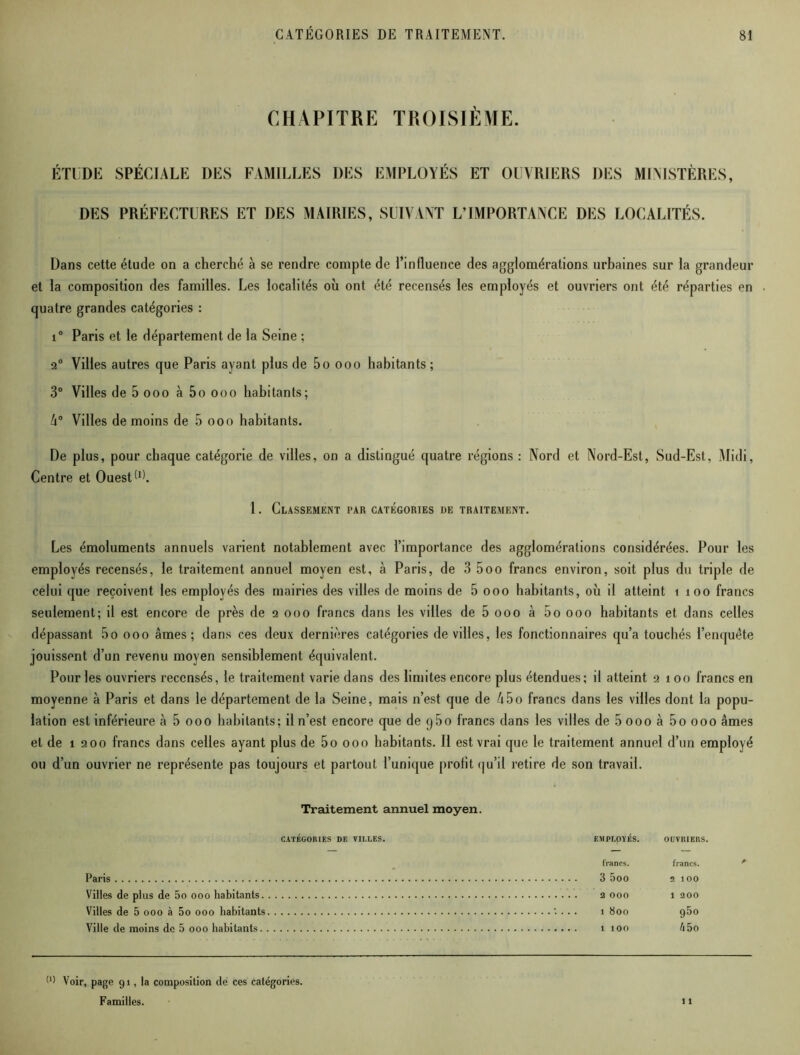 CHAPITRE TROISIÈME. ÉTIDE SPÉCIALE DES FAMILLES DES EMPLOYÉS ET OUVRIERS DES MINISTÈRES, DES PRÉFECTURES ET DES MAIRIES, SUIVANT L’IMPORTANCE DES LOCALITÉS. Dans cette étude on a cherché à se rendre compte de l’influence des agglomérations urbaines sur la grandeur et la composition des familles. Les localités où ont été recensés les employés et ouvriers ont été réparties en ■ quatre grandes catégories : i° Paris et le département de la Seine ; 2° Villes autres que Paris ayant plus de 5o ooo habitants ; 3° Villes de 5 ooo à 5o ooo habitants; lx° Villes de moins de 5 ooo habitants. De plus, pour chaque catégorie de villes, on a distingué quatre régions : Nord et Nord-Est, Sud-Est, Midi, Centre et Ouest W. 1. Classement par catégories de traitement. Les émoluments annuels varient notablement avec l’importance des agglomérations considérées. Pour les employés recensés, le traitement annuel moyen est, à Paris, de 3 5oo francs environ, soit plus du triple de celui que reçoivent les employés des mairies des villes de moins de 5 ooo habitants, où il atteint i îoo francs seulement; il est encore de près de 2000 francs dans les villes de 5 ooo à 5oooo habitants et dans celles dépassant 5o ooo âmes; dans ces deux dernières catégories de villes, les fonctionnaires qu’a touchés l’enquête jouissent d’un revenu moyen sensiblement équivalent. Pour les ouvriers recensés, le traitement varie dans des limites encore plus étendues; il atteint 2 1 00 francs en moyenne à Paris et dans le département de la Seine, mais n’est que de 45o francs dans les villes dont la popu- lation est inférieure à 5 ooo habitants; il n’est encore que de q5o francs dans les villes de 5 ooo à 5o ooo âmes et de 1 200 francs dans celles ayant plus de 5o ooo habitants. Il est vrai que le traitement annuel d’un employé ou d’un ouvrier ne représente pas toujours et partout l’unique profit qu’il retire de son travail. Traitement annuel moyen. CATÉGORIES DE VILLES. Paris Villes de plus de 5o ooo habitants. Villes de 5 ooo à 5o ooo habitants Ville de moins de 5 ooo habitants. EMPLOYES. OUVRIERS. francs. francs. 3 5oo 2 100 2 OOO 1 200 1 800 95° 1 100 45o h) Voir, page 91, la composition de ces catégories. Familles. 11