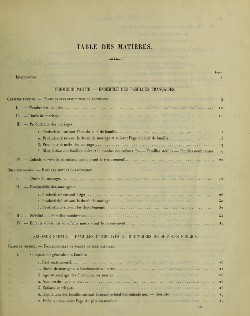 TABLE DES MATIÈRES. Pages. Introduction 1 PREMIÈRE PARTIE. — ENSEMBLE DES FAMILLES FRANÇAISES. Chapitre premier. — Familles sans distinction de profession 9 I. — Nombre des familles 10 II. — Durée de mariage '. 11 III. — Productivité des mariages : 1. Productivité suivant l’âge du chef de famille 12 2. Productivité suivant la durée de mariage et suivant l’âge du chef de famille 1 4 3. Productivité nette des mariages 17 4. Distribution des familles suivant le nombre des enfants nés. — Familles stériles. — Familles nombreuses. 19 IV. — Enfants survivants et enfants morts avant le recensement 22 Chapitre second. — Familles suivant la profession. I. — Durée de mariage 26 IL — Productivité des mariages : 1. Productivité suivant l’âge 26 2. Productivité suivant la durée de mariage 3o 3. Productivité suivant les départements 32 III. — Stérilité. — Familles nombreuses 34 IV. — Enfants survivants et enfants morts avant le recensement. 37 SECONDE PARTIE. — FAMILLES D’EMPLOYÉS ET D’OUVRIERS DE SERVICES PUBLICS. Chapitre premier. — Fonctionnaires et agents de sexe masculin. 1. — Composition générale des familles : 1. Etat matrimonial.. 4o 2. Durée de mariage des fonctionnaires mariés 4i 3. Age au mariage des fonctionnaires mariés. . 43 4. Nombre des enfants nés. 44 5. Enfants survivants 46 6. Répartition des familles suivant le nombre total des enfants nés. — Stérilité. 47 7. Enfants nés suivant l’âge du père au mariage 4p 26.