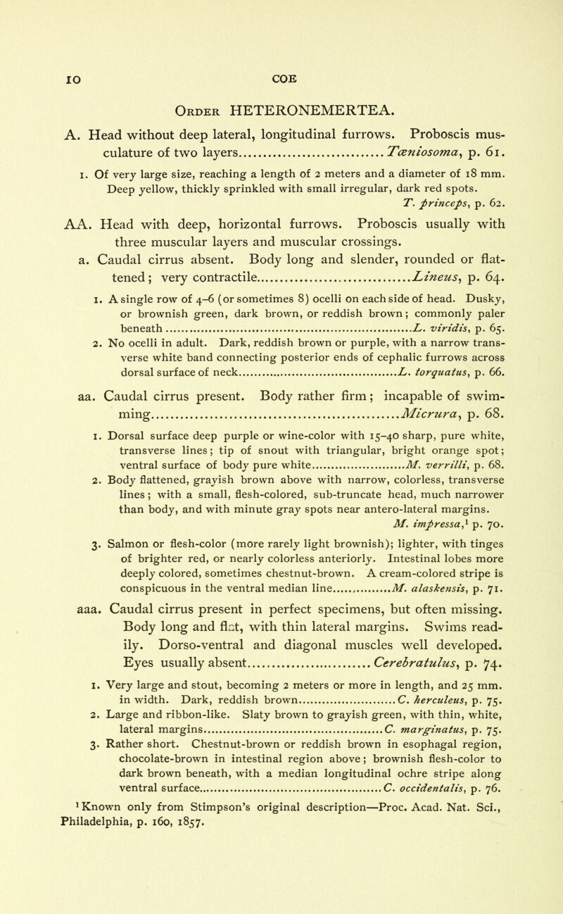 Order HETERONEMERTEA. A. Head without deep lateral, longitudinal furrows. Proboscis mus- culature of two layers T&niosoma, p. 61. i. Of very large size, reaching a length of 2 meters and a diameter of 18 mm. Deep yellow, thickly sprinkled with small irregular, dark red spots. T. princeps, p. 62. AA. Head with deep, horizontal furrows. Proboscis usually with three muscular layers and muscular crossings, a. Caudal cirrus absent. Body long and slender, rounded or flat- tened; very contractile Linens, p. 64. 1. A single row of 4-6 (or sometimes 8) ocelli on each side of head. Dusky, or brownish green, dark brown, or reddish brown; commonly paler beneath A. viridis, p. 65. 2. No ocelli in adult. Dark, reddish brown or purple, with a narrow trans- verse white band connecting posterior ends of cephalic furrows across dorsal surface of neck L. torquatus, p. 66. aa. Caudal cirrus present. Body rather firm; incapable of swim- ming Micrura, p. 68. 1. Dorsal surface deep purple or wine-color with 15-40 sharp, pure white, transverse lines; tip of snout with triangular, bright orange spot; ventral surface of body pure white M. verrilli, p. 68. 2. Body flattened, grayish brown above with narrow, colorless, transverse lines; with a small, flesh-colored, sub-truncate head, much narrower than body, and with minute gray spots near antero-lateral margins. M. impressa,1 p. 70. 3. Salmon or flesh-color (more rarely light brownish); lighter, with tinges of brighter red, or nearly colorless anteriorly. Intestinal lobes more deeply colored, sometimes chestnut-brown. A cream-colored stripe is conspicuous in the ventral median line M. alaskensis, p. 71. aaa. Caudal cirrus present in perfect specimens, but often missing. Body long and flat, with thin lateral margins. Swims read- ily. Dorso-ventral and diagonal muscles well developed. Eyes usually absent Cerebratulus, p. 74. 1. Very large and stout, becoming 2 meters or more in length, and 25 mm. in width. Dark, reddish brown C. herculeus, p. 75. 2. Large and ribbon-like. Slaty brown to grayish green, with thin, white, lateral margins C. marginatus, p. 75. 3. Rather short. Chestnut-brown or reddish brown in esophagal region, chocolate-brown in intestinal region above; brownish flesh-color to dark brown beneath, with a median longitudinal ochre stripe along ventral surface C. occidentals, p. 76. 1 Known only from Stimpson’s original description—Proc. Acad. Nat. Sci., Philadelphia, p. 160, 1857.