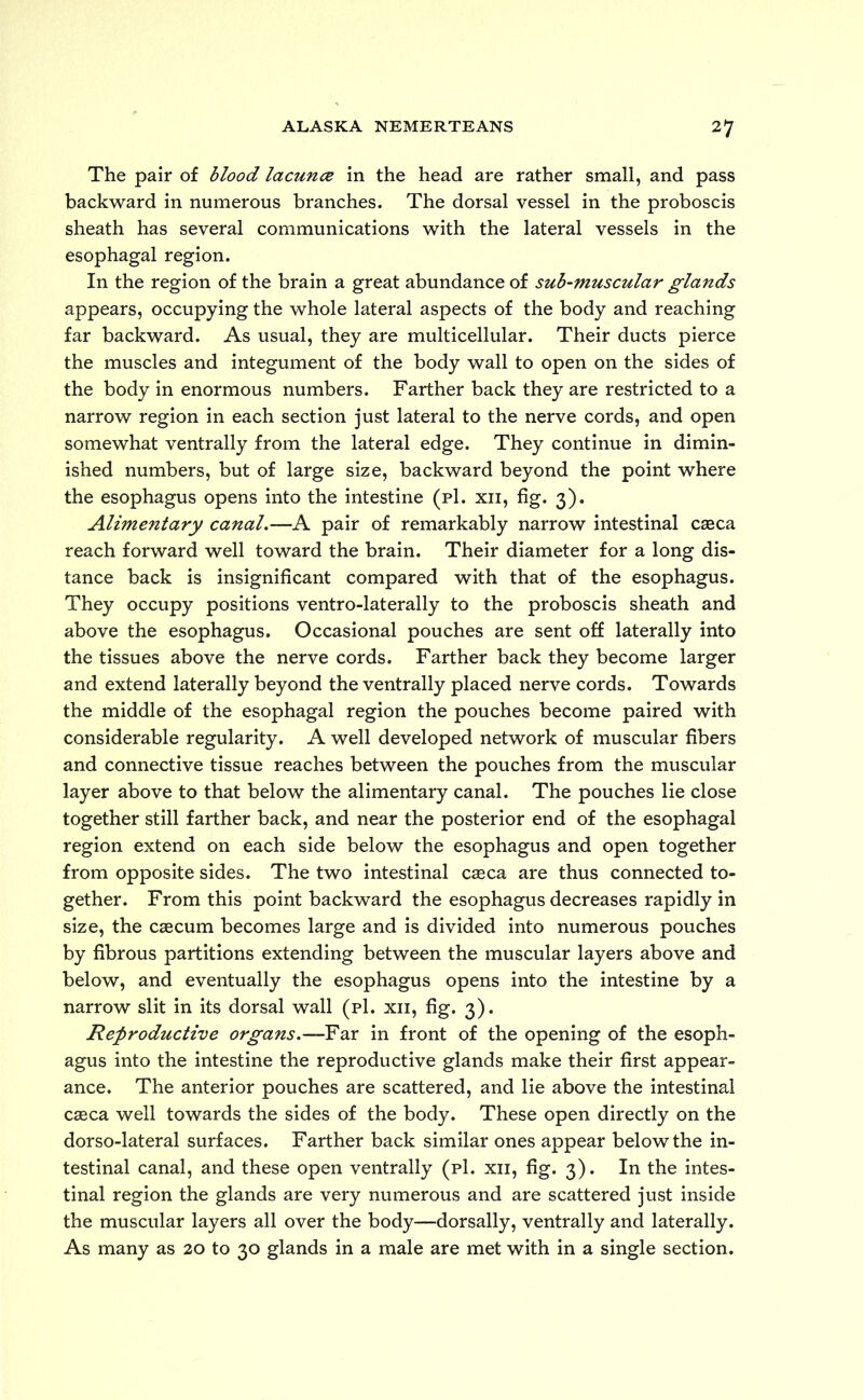 The pair of blood lacunee in the head are rather small, and pass backward in numerous branches. The dorsal vessel in the proboscis sheath has several communications with the lateral vessels in the esophagal region. In the region of the brain a great abundance of sub-muscular glands appears, occupying the whole lateral aspects of the body and reaching far backward. As usual, they are multicellular. Their ducts pierce the muscles and integument of the body wall to open on the sides of the body in enormous numbers. Farther back they are restricted to a narrow region in each section just lateral to the nerve cords, and open somewhat ventrally from the lateral edge. They continue in dimin- ished numbers, but of large size, backward beyond the point where the esophagus opens into the intestine (pi. xn, fig. 3). Alimentary canal.—A pair of remarkably narrow intestinal caeca reach forward well toward the brain. Their diameter for a long dis- tance back is insignificant compared with that of the esophagus. They occupy positions ventro-laterally to the proboscis sheath and above the esophagus. Occasional pouches are sent off laterally into the tissues above the nerve cords. Farther back they become larger and extend laterally beyond the ventrally placed nerve cords. Towards the middle of the esophagal region the pouches become paired with considerable regularity. A well developed network of muscular fibers and connective tissue reaches between the pouches from the muscular layer above to that below the alimentary canal. The pouches lie close together still farther back, and near the posterior end of the esophagal region extend on each side below the esophagus and open together from opposite sides. The two intestinal caeca are thus connected to- gether. From this point backward the esophagus decreases rapidly in size, the caecum becomes large and is divided into numerous pouches by fibrous partitions extending between the muscular layers above and below, and eventually the esophagus opens into the intestine by a narrow slit in its dorsal wall (pi. xii, fig. 3). Reproductive organs.—Fax in front of the opening of the esoph- agus into the intestine the reproductive glands make their first appear- ance. The anterior pouches are scattered, and lie above the intestinal cseca well towards the sides of the body. These open directly on the dorso-lateral surfaces. Farther back similar ones appear below the in- testinal canal, and these open ventrally (pi. xn, fig. 3). In the intes- tinal region the glands are very numerous and are scattered just inside the muscular layers all over the body—dorsally, ventrally and laterally. As many as 20 to 30 glands in a male are met with in a single section.