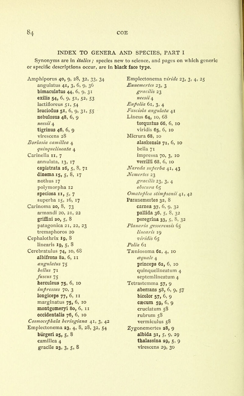 INDEX TO GENERA AND SPECIES, PART I Synonyms are in italics ; species new to science, and pages on which generic or specific descriptions occur, are in black face type. Amphiporus 40, 9, 28, 32, 33, 34 angulatus 41, 3, 6, 9, 36 bimaculatus 44, 6, 9, 31 exilis 54, 6, 9, 51, 52, 53 lactifloreus 51, 54 leuciodus 51, 6, 9, 31, 55 nebulosus 48, 6, 9 neesii 4 tigrinus 46, 6, 9 virescens 28 Borlasia camillea 4 quinquelineata 4 Carinella 11, 7 annulata, 13, 17 capistrata 16, 5, 8, 71 dinema 15, 5, 8, 17 nothus 17 polymorpha 12 speciosa 11, 5, 7 superba 15, 16, 17 Carinoma 20, 8, 73 armandi 20, 21, 22 griffini 20, 5, 8 patagonica 21, 22, 23 tremaphoros 20 Cephalothrix 19, 8 linearis ig, 5, 8 Cerebratulus 74, 10, 68 albifrons 82, 6, 11 angulatus 75 bellus 71 fuscus 75 herculeus 75, 6, 10 impressus 70, 3 longiceps 77, 6, 11 marginatus 75, 6, 10 montgomeryi 80, 6, 11 occidentalis 76, 6, 10 Cosmocefihala beringiana 41, 3, 42 Emplectonema 23, 4, 8, 28, 32, 54 biirgeri 25, 5, 8 camillea 4 gracile 23, 3, 5, 8 Emplectonema viride 23, 3, 4, 25 Eunemertes 23, 3 gracilis 23 neesii 4 Eufolia 61, 3, 4 Fasciola angulata 41 Lineus 64, 10, 68 torquatus 66, 6, 10 viridis 65, 6, 10 Micrura 68, 10 alaskensis 71, 6, 10 bella 71 impressa 70, 3, 10 verrilli 68, 6, 10 Nareda superba 41, 43 Nemertes 23 gracilis 23, 3, 4 obscura 65 Omatoplea stimpsonii 41, 42 Paranemextes 32, 8 carnea 37, 6, 9, 32 pallida 36, 5» 32 peregrina 33, 5> 8, 32 Planaria gesserensis 65 linearis 19 viridis 65 Folia 61 Tseniosoma 61, 4, 10 cequale 4 princeps 62, 6, 10 quinquelineatum 4 septemlineatum 4 Tetrastemma 57, 9 aberrans 58, 6, 9, 57 bicolor 57, 6, 9 caecum 59, 6, 9 cruciatum 58 rubrum 58 vermiculus 58 Zygonemertes 28, 9 albida 31, 5, 9, 29 thalassina 29, 5, 9 virescens 29, 30