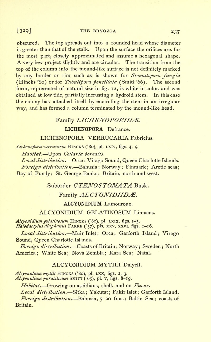 obscured. The top spreads out into a rounded head whose diameter is greater than that of the stalk. Upon the surface the orifices are, for the most part, closely approximated and assume a hexagonal shape. A very few project slightly and are circular. The transition from the top of the column into the mound-like surface is not definitely marked by any border or rim such as is shown for Stomatopora fungia (Hincks ’So) or for Tubulipora pencillata (Smitt ’66). The second form, represented of natural size in fig. 12, is white in color, and was obtained at low tide, partially incrusting a hydroid stem. In this case the colony has attached itself by encircling the stem in an irregular way, and has formed a column terminated by the mound-like head. Family LLCHENOPORIDsE. LICHENOPORA Defrance. LICHENOPORA VERRUCARIA Fabricius, Lichenopora verrucaria Hincks (’80), pi. lxiv, figs. 4, 5. Habitat.—Upon Cellaria borealis. Local distribution.—Orca; Virago Sound, Queen Charlotte Islands. Foreign distribution.—Bahusia; Norway; Finmark; Arctic seas; Bay of Fundy; St. George Banks; Britain, north and west. Suborder CTENOSTOMATA Busk. Family AL CTONIDIIDAE. ALCYONIDIUM Lamouroux. ALCYONIDIUM GELATINOSUM Linmeus. Alcyonidium gelatinosum Hincks (’8o), pi. lxix, figs. 1-3. Halodactylus diaphanus Farre (’37), pis. xxv, xxvi, figs. 1-16. Local distribution.—Muir Inlet; Orca; Garforth Island; Virago Sound, Queen Charlotte Islands. Foreign distribution.—Coasts of Britain; Norway; Sweden ; North America ; White Sea; Nova Zembla ; Kara Sea; Natal. ALCYONIDIUM MYTILI Dalyell. Alcyonidium mytili Hincks (’8o), pi. lxx, figs. 2, 3. Alcyonidiumparasiticum Smitt (’65), pi. v, figs. 8-19. Habitat.—Growing on ascidians, shell, and on Fucus. Local distribution.—Sitka; Yakutat; Fakir Islet; Garforth Island. Foreign distribution.—Bahusia, 5-20 fms.; Baltic Sea; coasts of Britain.
