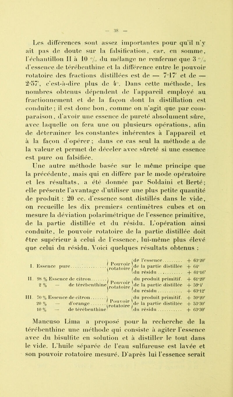 3S Les dilTérences sont assez importantes pour qu’il n’y ait pas de doute sur la falsification, car, en soinnie, réchantilloii II à 10 mélange ne renferme que 3 Yo d'essence de térébenthine et la différence entre le pouvoir rotatoire des fractions distillées est de — 7'^!7' et de — 2®57', c’est-à-dire plus de 4’. Dans cette méthode, les nombres obtenus dépendent de l’appareil employé au fractionnement et de la façon dont la distillation est conduite ; il est donc bon, comme on n’agit que par com- [)araison, d’avoir une essence de pureté absolument sure, avec laquelle on fera une ou plusieurs opérations, afin de déterminer les constantes inhérentes à l’appareil et à la façon d'opérer ; dans ce cas seul la méthode a de la valeur et permet de déceler avec sûreté si une essence est pure ou falsifiée. Une autre méthode basée sur le même principe que la précédente, mais qui en dilfère par le mode opératoire et les résultats, a été donnée par Soldaini etBerté; elle présente l’avantage d’utiliser une plus petite quantité de produit : 20 cc. d’essence sont distillés dans le vide, on recueille les dix premiers centimètres cubes et on mesure la déviation polarimétrique de l’essence primitive, de la partie distillée et du résidu. L’opération ainsi conduite, le pouvoir rotatoire de la partie distillée doit être supérieur à celui de l’essence, lui-même plus élevé que celui du résidu. Voici quelques résultats obtenus : \ . (de l’essence I. Essence pure (rot^tnîre partie distillée ) (du résidu II 98 % Essence de citron 2 % — de térébenthine Pouvoir ( rotatoire ) du produit primitif, de la partie distillée du résidu III 70 % Essence de citron 20 % — d’orange 10 % — de térébenthine Pouvoir rotatoire (du produit primitif de la partie distillé» (du résidu -f- 63” 20' + 64” -h 61”16’ -f 61”20' -h 59“ i' -f 63”12' -b 59”20' + 53”30' -f- 63”30' Mancuso Lima a proposé pour la recherche de la térébenthine une méthode qui consiste à agiter l’essence avec du bisulfite en solution et à distiller le tout dans le vide. L’huile séparée de l’eau sulfureuse est lavée et son pouvoir rotatoire mesuré. D’après lui l’essence serait