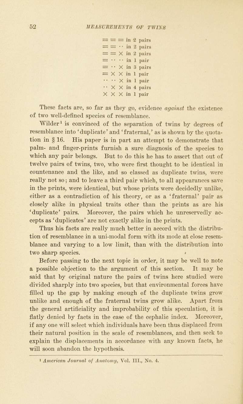 — = — in 2 pairs = = * * in 2 pairs = — X in 2 pairs = • • • • in 1 pair = •• X in 3 pairs — X X in 1 pair • • • • X in 1 pair • • X X in 4 pairs X X X in 1 pair These facts are, so far as they go, evidence against the existence of two well-defined species of resemblance. Wilder1 is convinced of the separation of twins by degrees of resemblance into ‘duplicate7 and ‘fraternal,7 as is shown by the quota- tion in § 16. His paper is in part an attempt to demonstrate that palm- and finger-prints furnish a sure diagnosis of the species to which any pair belongs. But to do this he has to assert that out of twelve pairs of twins, two, who were first thought to be identical in countenance and the like, and so classed as duplicate twins, were really not so; and to leave a third pair which, to all appearances save in the prints, were identical, but whose prints were decidedly unlike, either as a contradiction of his theory, or as a ‘fraternal7 pair as closely alike in physical traits other than the prints as are his ‘duplicate7 pairs. Moreover, the pairs which he unreservedly ac- cepts as ‘duplicates7 are not exactly alike in the prints. Thus his facts are really much better in accord with the distribu- tion of resemblance in a uni-modal form with its mode at close resem- blance and varying to a low limit, than with the distribution into two sharp species. * Before passing to the next topic in order, it may be well to note a possible objection to the argument of this section. It may be said that by original nature the pairs of twins here studied were divided sharply into two species, but that environmental forces have filled up the gap by making enough of the duplicate twins grow unlike and enough of the fraternal twins grow alike. Apart from the general artificiality and improbability of this speculation, it is flatly denied by facts in the case of the cephalic index. Moreover, if any one will select which individuals have been thus displaced from their natural position in the scale of resemblances, and then seek to explain the displacements in accordance with any known facts, he will soon abandon the hypothesis. 1 American Journal of Anatomy, Vol. III., No. 4.