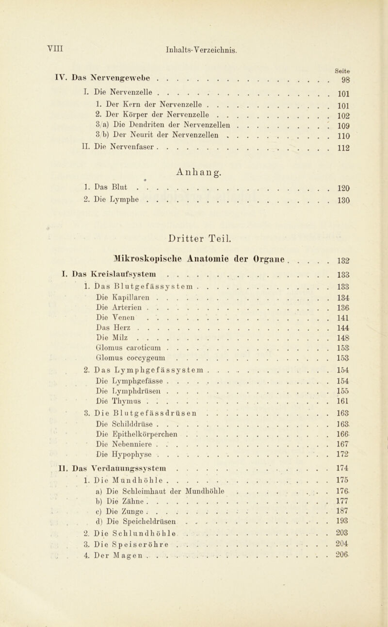 Seite IV. Das Nervengewebe 9g I. Die Nervenzelle 101 1. Der Kern der Nervenzelle 101 2. Der Körper der Nervenzelle 102 8/a) Die Dendriten der Nervenzellen 109 8 b) Der Neurit der Nervenzellen HO II. Die Nervenfaser 112 Anhang. # 1. Das Blut 120 2. Die Lymphe 130 Dritter Teil. Mikroskopische Anatomie der Organe 132 I. Das Kreislaufsystem 133 1. DasBlutgefässystem 133 Die Kapillaren 134 Die Arterien 136 Die Venen 141 Das Herz 144 Die Milz 148: Glomus caroticum 153 Glomus coccygeum 153 2. DasLymphgefässystem 154 Die Lymphgefässe 154 Die Lymphdrüsen 155 Die Thymus ..161 3. Die Blutgefässdrüsen . . 163 Die Schilddrüse 163 Die Epithelkörperchen 166 Die Nebenniere . 167 Die Hypophyse 172 II. Das Verdauungssystem 174 1. Die Mundhöhle 175 a) Die Schleimhaut der Mundhöhle 176 b) Die Zähne 177 c) Die Zunge 187 d) Die Speicheldrüsen ...... 193 2. Die Schlundhöhle 203 3. Die Speiseröhre 204 4. Der Magen 206