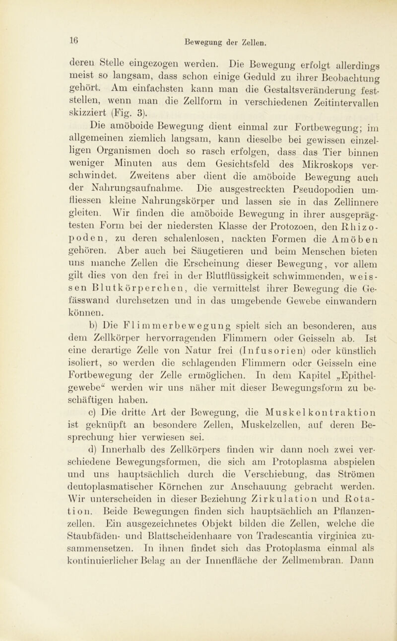 deren Stelle eingezogen werden. Die Bewegung erfolgt allerdings meist so langsam, dass sclion einige Geduld zu ihrer Beobachtung gehört. Am einfachsten kann man die Gestaltsveränderung fest- stellen, wenn man die Zellform in verschiedenen Zeitintervallen skizziert (Fig. 3). Die amöboide Bewegung dient einmal zur Fortbewegung; im allgemeinen ziemlich langsam, kann dieselbe bei gewissen einzel- ligen Organismen doch so rasch erfolgen, dass das Tier binnen weniger Minuten aus dem Gesichtsfeld des Mikroskops ver- schwindet. Zweitens aber dient die amöboide Bewegung auch der Nahrungsaufnahme. Die ausgestreckten Pseudopodien um- fiiessen kleine Nahrungskörper und lassen sie in das Zellinnere gleiten. M ir finden die amöboide Bewegung in ihrer ausgepräg- testen Form bei der niedersten Klasse der Protozoen, denRhizo- poden, zu deren schalenlosen, nackten Formen die Amöben gehören. Aber auch bei Säugetieren und beim Menschen bieten uns manche Zellen die Erscheinung dieser Bewegung, vor allem gilt dies von den frei in der Blutflüssigkeit schwimmenden, weis- sen Blutkörperchen, die vermittelst ihrer Bewegung die Ge- fässwand durchsetzen und in das umgebende Gewebe einwandern können. b) Die Flimmerbewegung spielt sich an besonderen, aus dem Zellkörper hervorragenden Flimmern oder Geissein ab. Ist eine derartige Zelle von Natur frei (Infusorien) oder künstlich isoliert, so werden die schlagenden Flimmern oder Geissein eine Fortbewegung der Zelle ermöglichen. In dem Kapitel „Epithel- gewebe“ werden wir uns näher mit dieser Bewegungsform zu be- schäftigen haben. c) Die dritte Art der Bewegung, die Muskelkontraktion ist geknüpft an besondere Zellen, Muskelzellen, auf deren Be- sprechung hier verwiesen sei. d) Innerhalb des Zellkörpers finden wir dann noch zwei ver- schiedene Bewegungsformen, die sich am Protoplasma abspielen und uns hauptsächlich durch die Verschiebung, das Strömen deutopdasmatischer Körnchen zur Anschauung gebracht werden. Wir unterscheiden in dieser Beziehung Zirkulation und Rota- tion. Beide Bewegungen finden sich hauptsächlich an Pflanzen- zellen. Ein ausgezeichnetes Objekt bilden die Zellen, welche die Staubfäden- und Blattscheidenhaare von Tradescantia virginica zu- sammensetzen. In ihnen findet sich das Protoplasma einmal als kontinuierlicher Belag an der Innenfläche der Zellmembran. Dann o