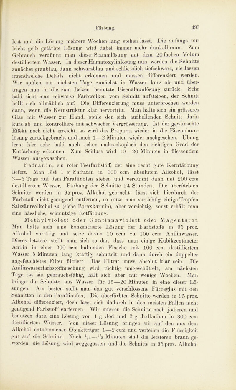 löst und die Lösung mehrere Wochen lang stehen lässt. Die anfangs nur leicht gelb gefärbte Lösung wird dabei immer mehr dunkelbraun. Zum Gebrauch verdünnt man diese Stammlösung mit dem 20 fachen Volum destilliertem Wasser. In dieser Hämatoxylinlösung nun werden die Schnitte zunächst graublau, dann schwarzblau und schliesslich tiefschwarz, sie lassen irgendwelche Details nicht erkennen und müssen differenziert werdeu. Wir spülen am nächsten Tage zunächst in Wasser kurz ab und über- tragen nun in die zum Beizen benutzte Eisenalaunlösung zurück. Sehr bald sieht man schwarze Farbwolkeu vom Schnitt aufsteigen, der Schnitt hellt sich allmählich auf. Die Differenzierung muss unterbrochen werden dann, wenn die Kernstruktur klar hervortritt. Man halte sich ein grösseres Glas mit Wasser zur Hand, spüle den sich aufhellenden Schnitt darin kurz ab und kontrolliere mit schwacher Vergrösserung. Ist der gewünschte Effekt noch nicht erreicht, so wird das Präparat wieder in die Eisenalaun- lösung zurückgebracht und nach 1—2 Minuten wieder nachgesehen. Übung lernt hier sehr bald auch schon makroskopisch den richtigen Grad der Entfärbung erkennen. Zum Schluss wird 10 —20 Minuten in fliessendem Wasser ausgewaschen. Safran in, ein roter Teerfarbstoff, der eine recht gute Kernfärbung liefert. Man löst 1 g Safranin in 100 ccm absolutem Alkohol, lässt 3—5 Tage auf dem Paraffinofen stehen und verdünnt dann mit 200 ccm destilliertem Wasser. Färbung der Schnitte 24 Stunden. Die überfärbten Schnitte werden in 95 proz. Alkohol gebracht; lässt sich hierdurch der Farbstoff nicht genügend entfernen, so setze man vorsichtig einige Tropfen Salzsäurealkohol zu (siehe Boraxkarmin), aber vorsichtig, sonst erhält man eine hässliche, schmutzige Rotfärbung. Methylviolett oder Gentianaviolett oder Magenta rot. Man halte sich eine konzentrierte Lösung der Farbstoffe in 95 proz. Alkohol vorrätig und setze davon 10 ccm zu 100 ccm Anilinwasser. Dieses letztere stellt man sich so dar, dass man einige Kubikzentimeter Anilin in einer 200 ccm haltenden Flasche mit 100 ccm destilliertem Wasser 5 Minuten lang kräftig schüttelt und dann durch ein doppeltes angefeuchtetes Filter filtriert. Das Filtrat muss absolut klar sein. Die Anilinwasserfarbstoffmischung wird tüchtig umgeschüttelt, am nächsten Tage ist sie gebrauchsfähig, hält sich aber nur wenige Wochen. Man bringe die Schnitte aus Wasser für 15—20 Minuten in eine dieser Lö- sungen. Am besten stellt man das gut verschlossene Färbeglas mit den Schnitten in den Paraffinofen. Die überfärbten Schnitte werden in 95 proz. Alkohol differenziert, doch lässt sich dadurch in den meisten Fällen nicht genügend Farbstoff entfernen. Wir müssen die Schnitte noch jodieren und benutzen dazu eine Lösung von 1 g Jod und 2 g Jodkalium in 300 ccm destilliertem Wasser. Von dieser Lösung bringen wir auf den aus dem Alkohol entnommenen Objektträger 1—2 ccm und verteilen die Flüssigkeit gut auf die Schnitte. Nach 1j4 —112 Minuten sind die letzteren braun ge- worden, die Lösung wird weggegossen und die Schnitte in 95 proz. Alkohol