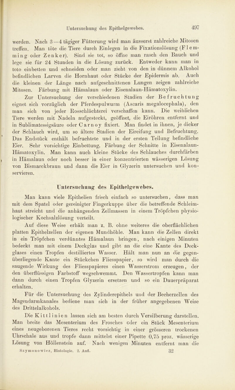 Untersuchung des Epithelgewebes. werden. Nach 3—4 tägiger Fütterung wird man äusserst zahlreiche Mitosen treffen. Man töte die Tiere durch Einlegen in die Fixationslösung (F 1 e m- ming oder Zenker). Sind sie tot, so öffne man rasch den Bauch und lege sie für 24 Stunden in die Lösung zurück. Entweder kann man in toto einbetten und schneiden oder man zieht von den in dünnem Alkohol befindlichen Larven die Hornhaut oder Stücke der Epidermis ab. Auch die kleinen der Länge nach aufgeschnittenen Lungen zeigen zahlreiche Mitosen. Färbung mit Hämalaun oder Eisenalaun-Hämatoxylin. Zur Untersuchung der verschiedenen Stadien der Befruchtung eignet sich vorzüglich der Pferdespulwurm (Ascaris megalocephala), den man sich von jeder Rosschlächterei verschaffen kann. Die weiblichen Tiere werden mit Nadeln aufgesteckt, geöffnet, die Eiröhren entfernt und in Sublimatessigsäure oder Carnoy fixiert. Man findet in ihnen, je dicker der Schlauch wird, um so ältere Stadien der Eireifung und Befruchtung. D as Endstück enthält befruchtete und in der ersten Teilung befindliche Eier. Sehr vorsichtige Einbettung, Färbung der Schnitte in Eisenalaun- Hämatoxylin. Man kann auch kleine Stücke des Schlauches durchfärben in Hämalaun oder noch besser iu einer konzentrierten wässerigen Lösung von Bismarckbraun und dann die Eier in Glyzerin untersuchen und kon- servieren. Untersuchung des Epithelgewebes. Man kann viele Epithelien frisch einfach so untersuchen, dass man mit dem Spatel oder gereinigter Fingerkuppe über die betreffende Schleim- haut streicht und die anhängenden Zellmassen in einem Tröpfchen physio- logischer Kochsalzlösung verteilt. Auf diese Weise erhält man z. B. ohne weiteres die oberflächlichen platten Epithelzellen der eigenen Mundhöhle. Man kann die Zellen direkt in ein Tröpfchen verdünntes Hämalaun bringen, nach einigen Minuten bedeckt man mit einem Deckglas und gibt an die eine Kante des Deck- glases einen Tropfen destilliertes Wasser. Hält man nun an die gegen- überliegende Kante ein Stückchen Fliesspapier, so wird man durch die saugende Wirkung des Fliesspapieres einen Wasserstrom erzeugen, der den überflüssigen Farbstoff wegschwemmt. Den Wassertropfen kann man dann durch einen Tropfen Glyzerin ersetzen und so ein Dauerpräparat erhalten. Für die Untersuchung des Zylinderepithels und der Becherzellen des Magendarmkanales bediene man sich in der früher angegebenen Weise des Drittelalkohols. Die Kittlinien lassen sich am besten durch Versilberung darstellen. Man breite das Mesenterium des Frosches oder ein Stück Mesenterium eines neugeborenen Tieres recht vorsichtig in einer grösseren trockenen Uhrschale aus und tropfe dann mittelst einer Pipette 0,75 proz. wässerige Lösung von Höllenstein auf. Nach wenigen Minuten entfernt man die Szymonowicz, Histologie, 2. Aufl. 32