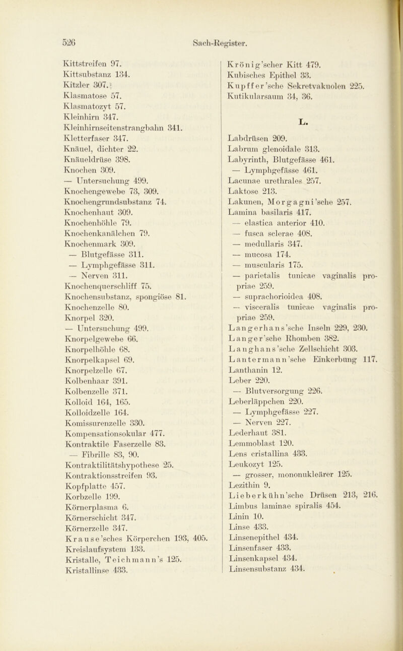 Kittstreifen 97. Kittsubstanz 184. Kitzler 807. \ Klasmatose 57. Klasmatozyt 57. Kleinhirn 347. Kl einhirnseitenstrangbahn 341. Kletterfaser 347. Knäuel, dichter 22. Knäueldrüse 398. Knochen 309. — Untersuchung 499. Knochengewebe 73, 309. Knochengrundsubstanz 74. Knochenhaut 309. Knochenhöhle 79. Knochenkanälchen 79. Knochenmark 309. — Blutgefässe 311. — Lymphgefässe 311. — Nerven 311. Knochenquerschliff 75. Knochensubstanz, spongiöse 81. Knochenzelle 80. Knorpel 320. — Untersuchung 499. Knorpelgewebe 66. Knorpelhöhle 68. Knorpelkapsel 69. Knorpelzelle 67. Kolbenhaar 391. Kolbenzelle 371. Kolloid 164, 165. Kolloidzelle 164. Komissurenzelle 330. Kompensationsokular 477. Kontraktile Faserzelle 83. — Fibrille 83, 90. Kontraktilitätshypothese 25. Kontraktionsstreifen 93. Kopfplatte 457. Korbzelle 199. Körnerplasma 6. Körnerschicht 347. Körnerzelle 347. Krause’sches Körperchen 193, 405. Kreislaufsystem 133. Kristalle, T eich man n’s 125. Kristallinse 433. Krönig’scher Kitt 479. Kubisches Epithel 33. K u p f f e r ’sche Sekretvakuolen 225. Kutikularsaum 34, 36. Tu. Labdrüsen 209. Labrum glenoidale 313. Labyrinth, Blutgefässe 461. — Lymphgefässe 461. Lacunae urethrales 257. Laktose 213. Lakunen, Morgagni’sche 257. Lamina basilaris 417. — elastica anterior 410. — fusca sclerae 408. — medullaris 347. — mucosa 174. — muscularis 175. — parietalis tunicae vaginalis pro- priae 259. — suprachorioidea 408. — visceralis tunicae vaginalis pro- priae 259. Langerhans’sche Inseln 229, 230. Langer’sche Rhomben 382. Langhans’sche Zellschicht 303. Lantermann ’sche Einkerbung 117. Lanthanin 12. Leber 220. — Blutversorgung 226. Leberläppchen 220. — Lymphgefässe 227. — Nerven 227. Lederhaut 381. Lemmoblast 120. Lens cristallina 433. Leukozyt 125. — grosser, mononukleärer 125. Lezithin 9. Lieberkühn’sche Drüsen 213, 216. Limbus laminae spiralis 454. Linin 10. Linse 433. Linsenepithel 434. Linsenfaser 433. Linsenkapsel 434. Linsensubstanz 434.