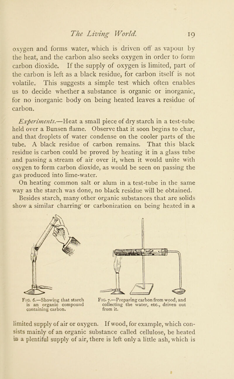 oxygen and forms water, which is driven off as vapoui by the heat, and the carbon also seeks oxygen in order to form carbon dioxide. If the supply of oxygen is limited, part of the carbon is left as a black residue, for carbon itself is not volatile. This suggests a simple test which often enables us to decide whether a substance is organic or inorganic, for no inorganic body on being heated leaves a residue of carbon. Experiments.—Heat a small piece of dry starch in a test-tube held over a Bunsen flame. Observe that it soon begins to char, and that droplets of water condense on the cooler parts of the tube. A black residue of carbon remains. That this black residue is carbon could be proved by heating it in a glass tube and passing a stream of air over it, when it would unite with oxygen to form carbon dioxide, as would be seen on passing the gas produced into lime-water. On heating common salt or alum in a test-tube in the same way as the starch was done, no black residue will be obtained. Besides starch, many other organic substances that are solids show a similar charring or carbonization on being heated in a Fig. 6.—Showing that starch is an organic compound containing carbon. Fig. 7.—Preparing carbon from wood, and collecting the water, etc., driven out from it. limited supply of air or oxygen. If wood, for example, which con- sists mainly of an organic substance called cellulose, be heated in a plentiful supply of air, there is left only a little ash, which is