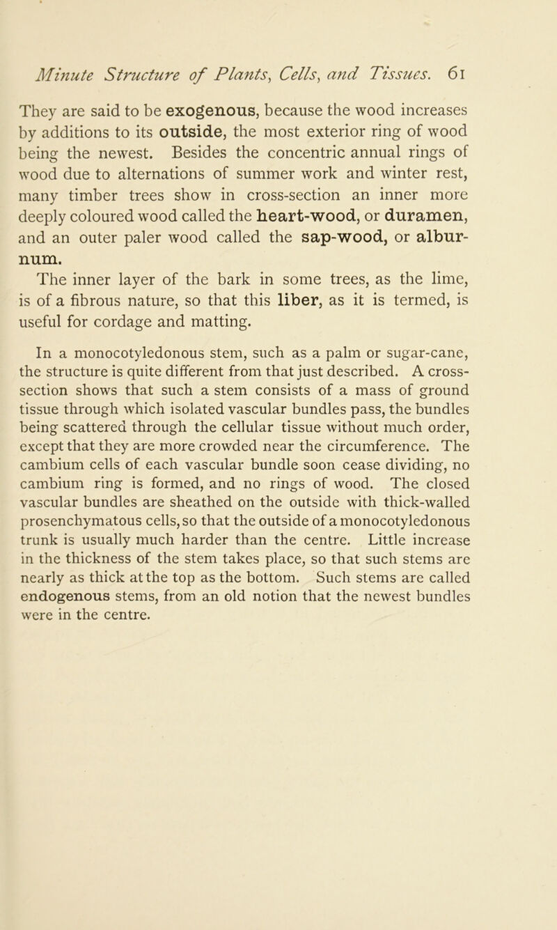 They are said to be exogenous, because the wood increases by additions to its outside, the most exterior ring of wood being the newest. Besides the concentric annual rings of wood due to alternations of summer work and winter rest, many timber trees show in cross-section an inner more deeply coloured wood called the heart-wood, or duramen, and an outer paler wood called the sap-wood, or albur- num. The inner layer of the bark in some trees, as the lime, is of a fibrous nature, so that this liber, as it is termed, is useful for cordage and matting. In a monocotyledonous stem, such as a palm or sugar-cane, the structure is quite different from that just described. A cross- section shows that such a stem consists of a mass of ground tissue through which isolated vascular bundles pass, the bundles being scattered through the cellular tissue without much order, except that they are more crowded near the circumference. The cambium cells of each vascular bundle soon cease dividing, no cambium ring is formed, and no rings of wood. The closed vascular bundles are sheathed on the outside with thick-walled prosenchymatous cells, so that the outside of a monocotyledonous trunk is usually much harder than the centre. Little increase in the thickness of the stem takes place, so that such stems are nearly as thick at the top as the bottom. Such stems are called endogenous stems, from an old notion that the newest bundles were in the centre.