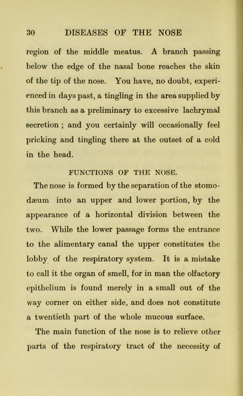 region of the middle meatus. A branch passing below the edge of the nasal bone reaches the skin of the tip of the nose. You have, no doubt, experi- enced in days past, a tingling in the area supplied by this branch as a preliminary to excessive lachrymal secretion ; and you certainly will occasionally feel pricking and tingling there at the outset of a cold in the head. FUNCTIONS OF THE NOSE. The nose is formed by the separation of the stomo- daeum into an upper and lower portion, by the appearance of a horizontal division between the two. While the lower passage forms the entrance to the alimentary canal the upper constitutes the lobby of the respiratory system. It is a mistake to call it the organ of smell, for in man the olfactory epithelium is found merely in a small out of the way corner on either side, and does not constitute a twentieth part of the whole mucous surface. The main function of the nose is to relieve other parts of the respiratory tract of the necessity of